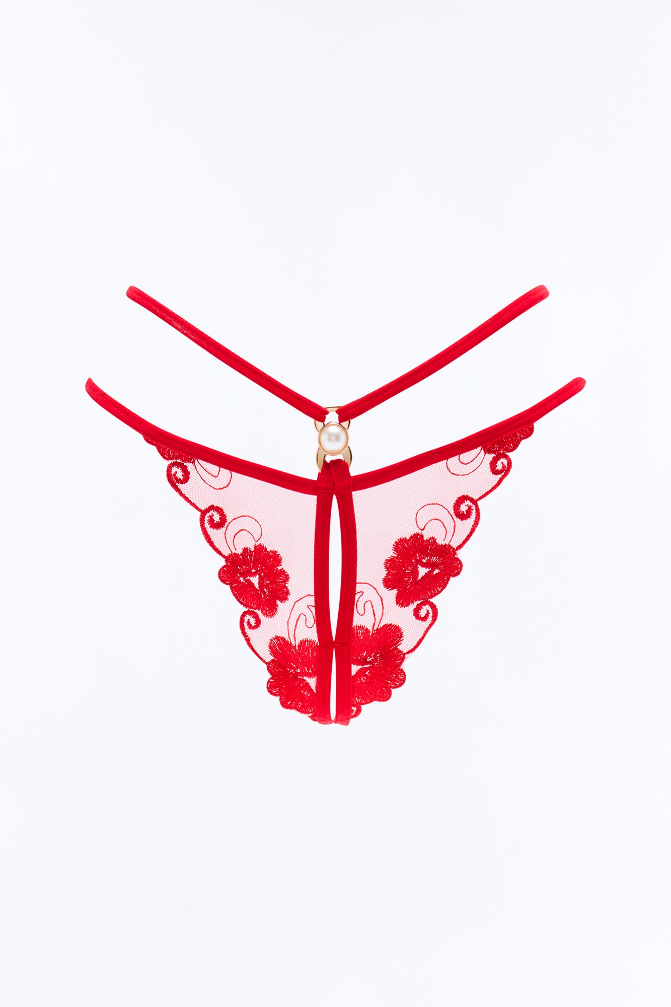 Lace Affair Crotchless Double Strap Panty - Red