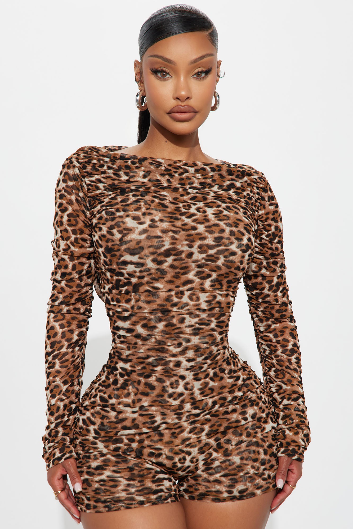 Nyra Leopard Mesh Long Sleeve Romper - Brown Combo