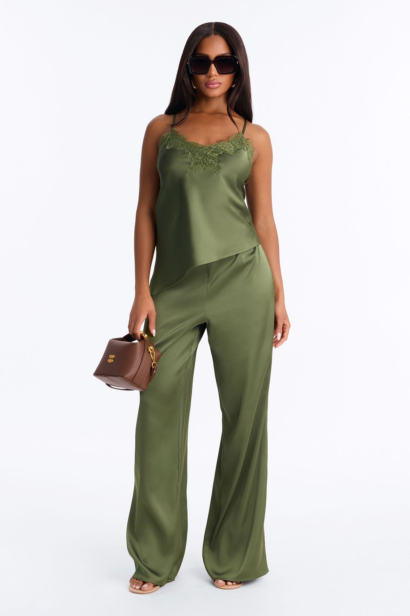 Favorite Satin Lace Pant Set - Olive