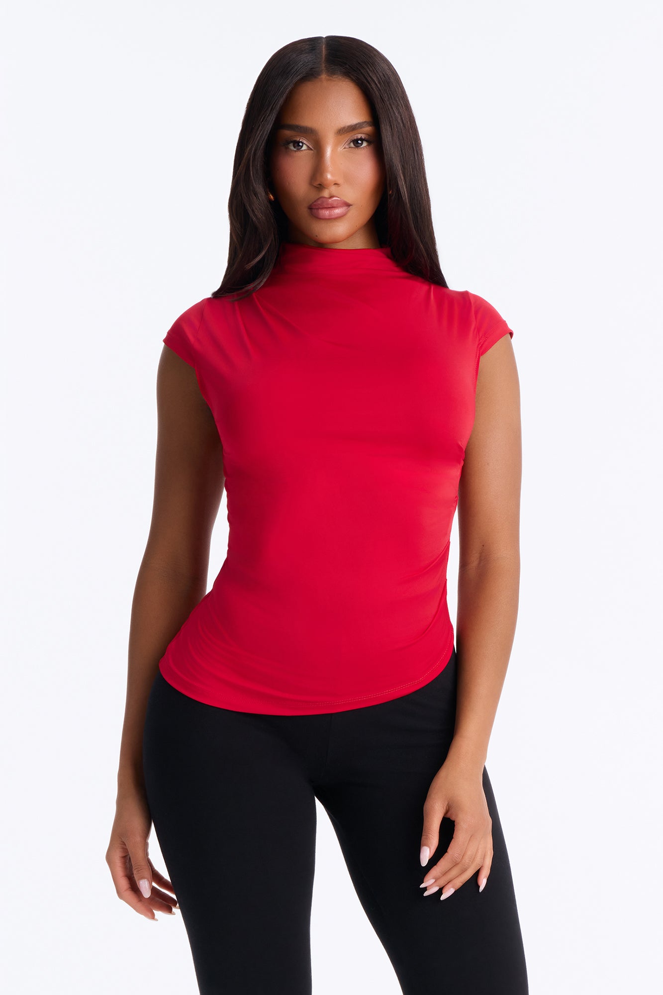 Ines Asymmetrical Ruched High Neck Top - DarkRed