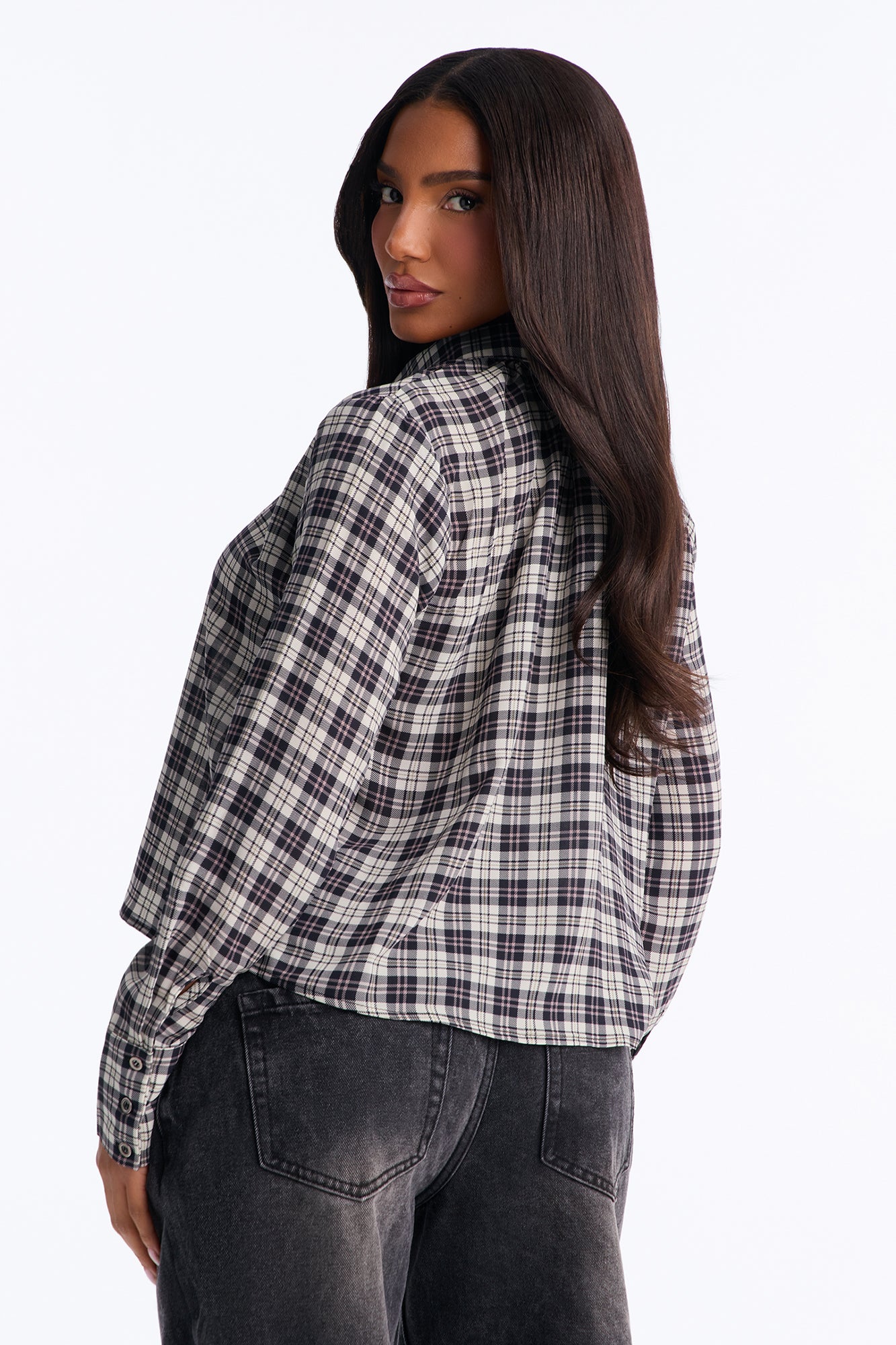 Leni Plaid Chiffon Long Sleeve Shirt - Black/combo