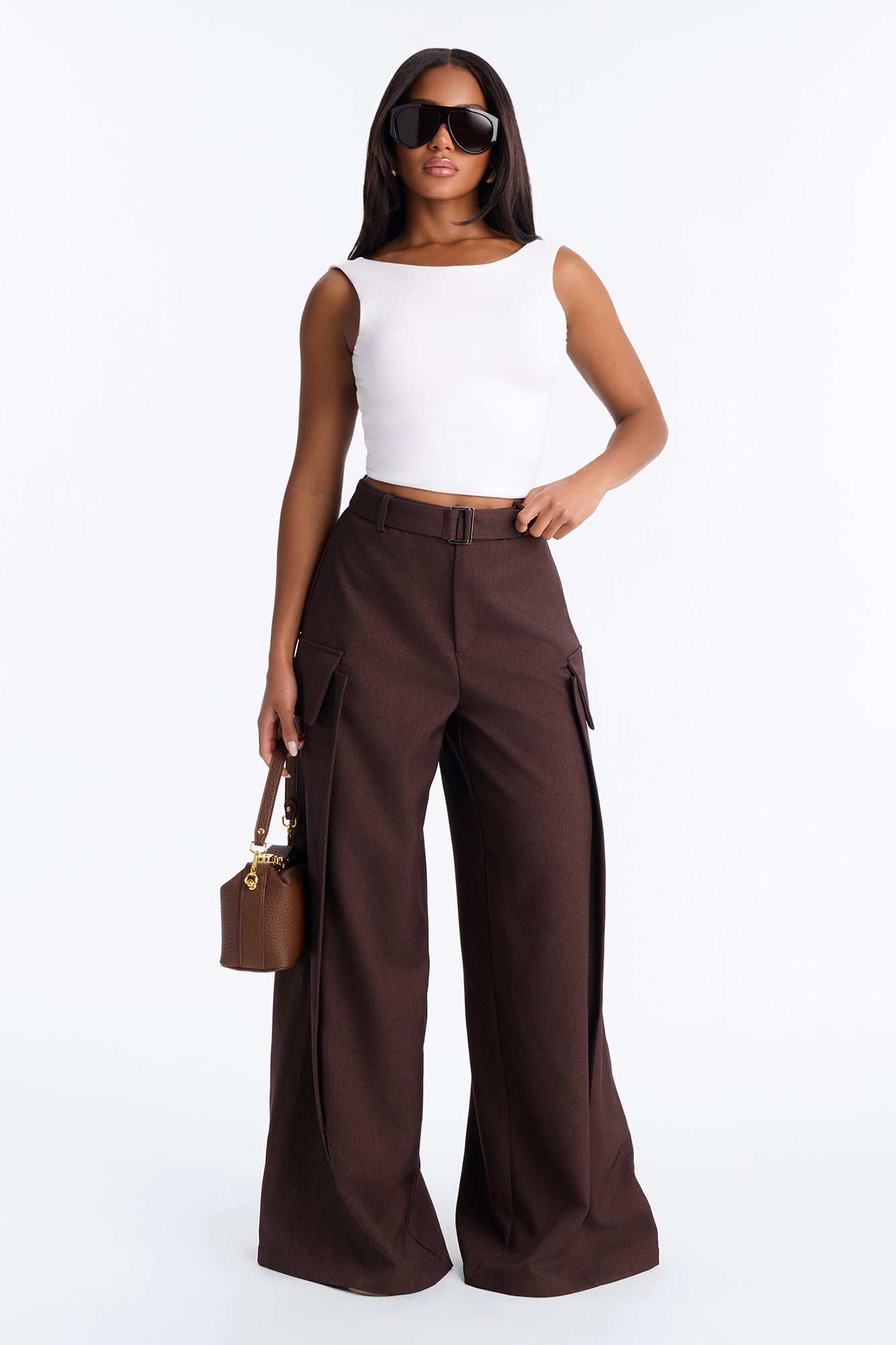Caroline High Waisted Belted Cargo Wide Leg Trouser - Chocolate