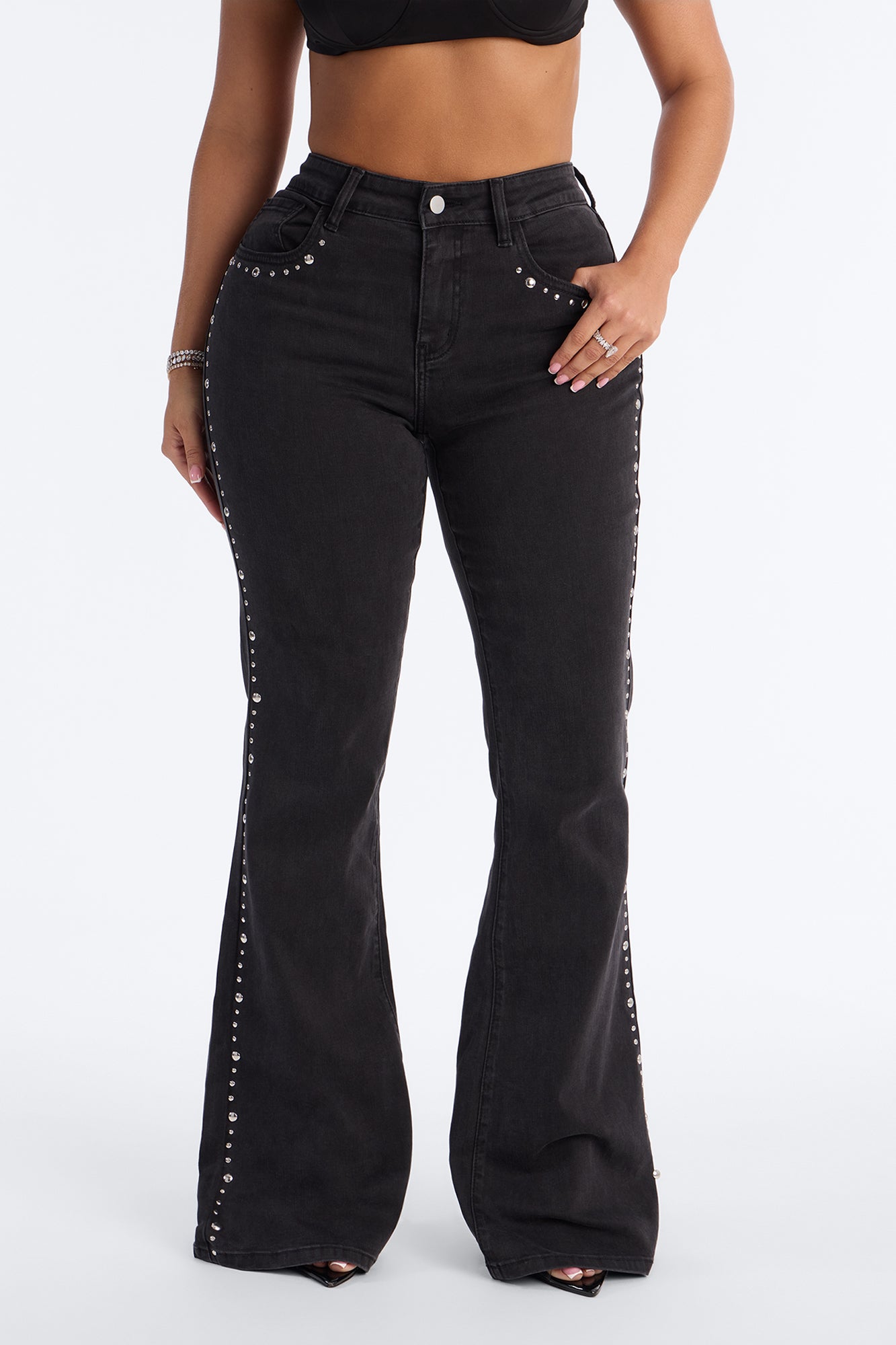 No Angel Studded Embellished Stretch Flare Jeans - Black Wash