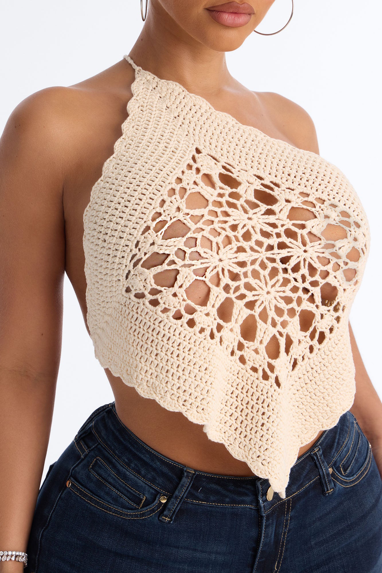Nia Backless Crochet One Shoulder Top - Natural