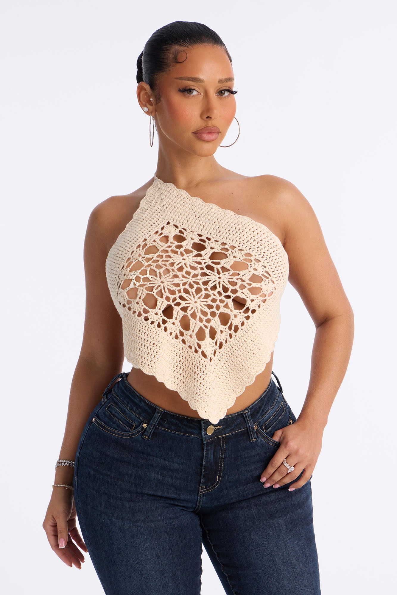 Nia Backless Crochet One Shoulder Top - Natural