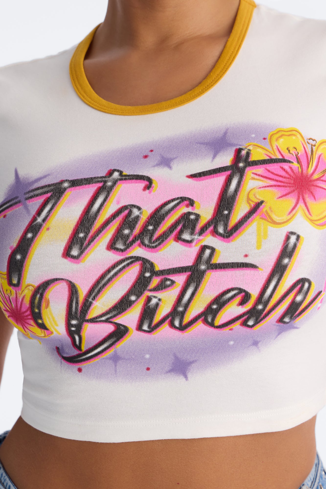 That Bitch Floral Airbrushed Baby Tee - Ivory
