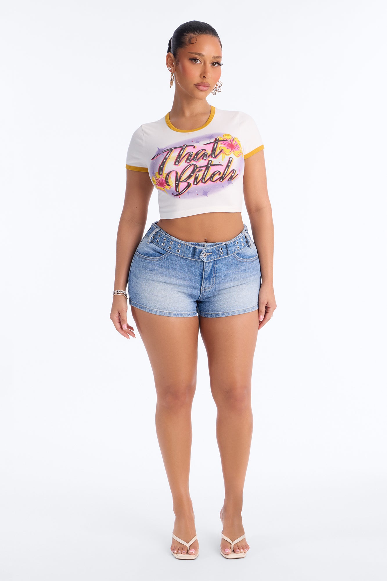 That Bitch Floral Airbrushed Baby Tee - Ivory