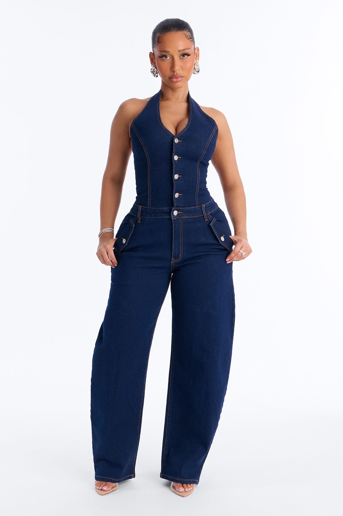 Riley Barrel Leg Halter Jumpsuit - DarkWash