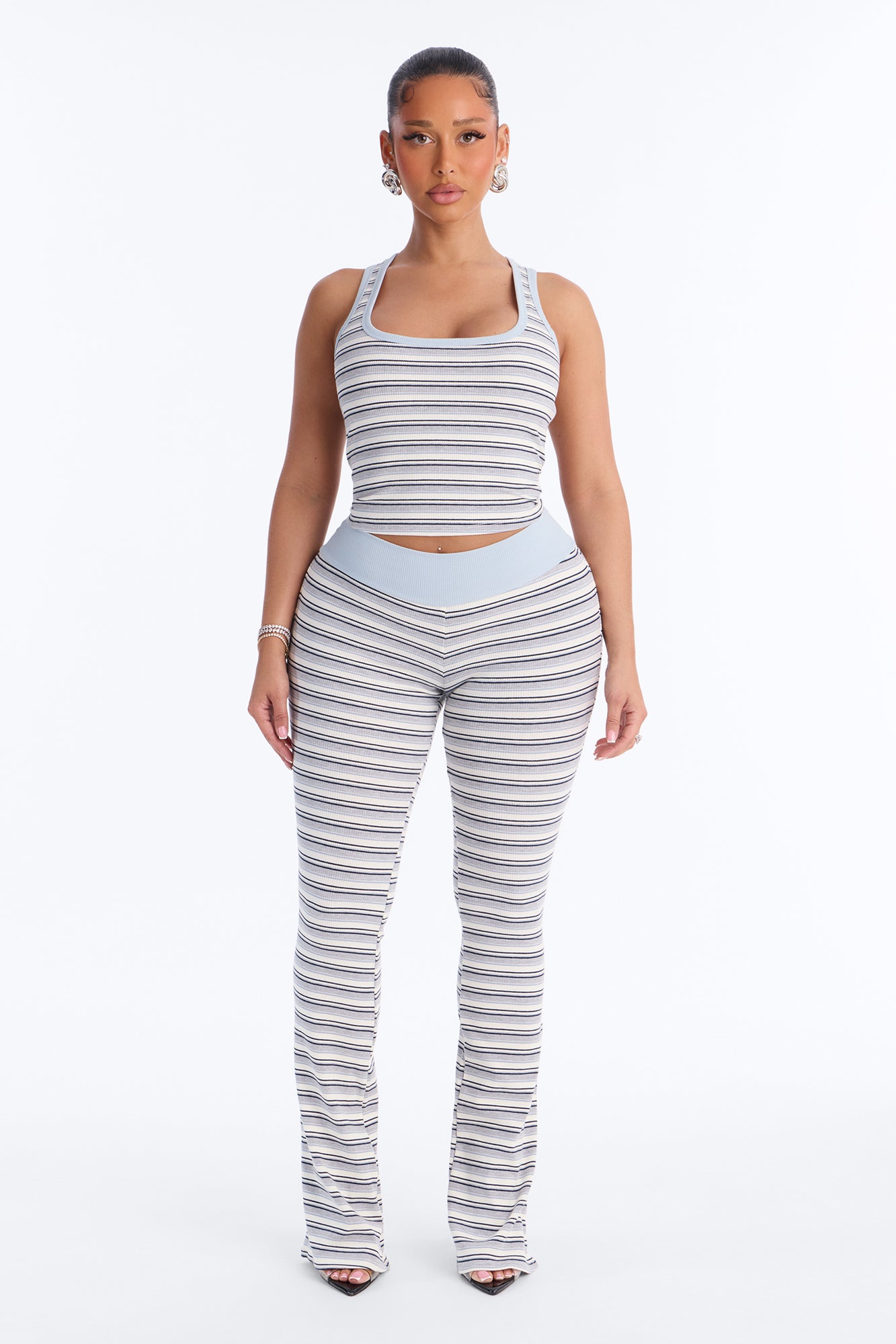 Tally Striped Ribbed Pant Set - Light Blue