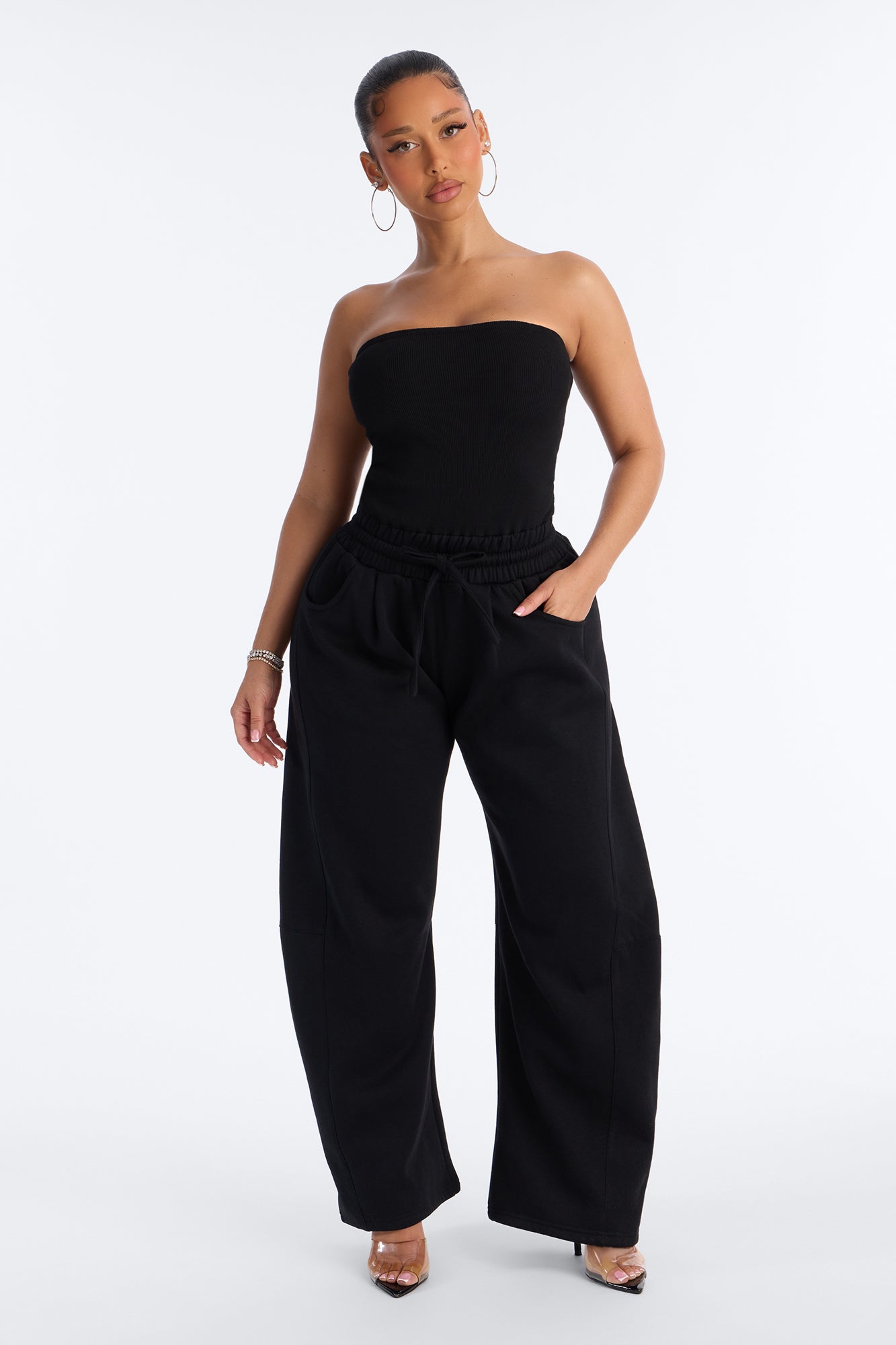 Jules Knit Tube With Fleece Barrel Leg Jumpsuit - Black