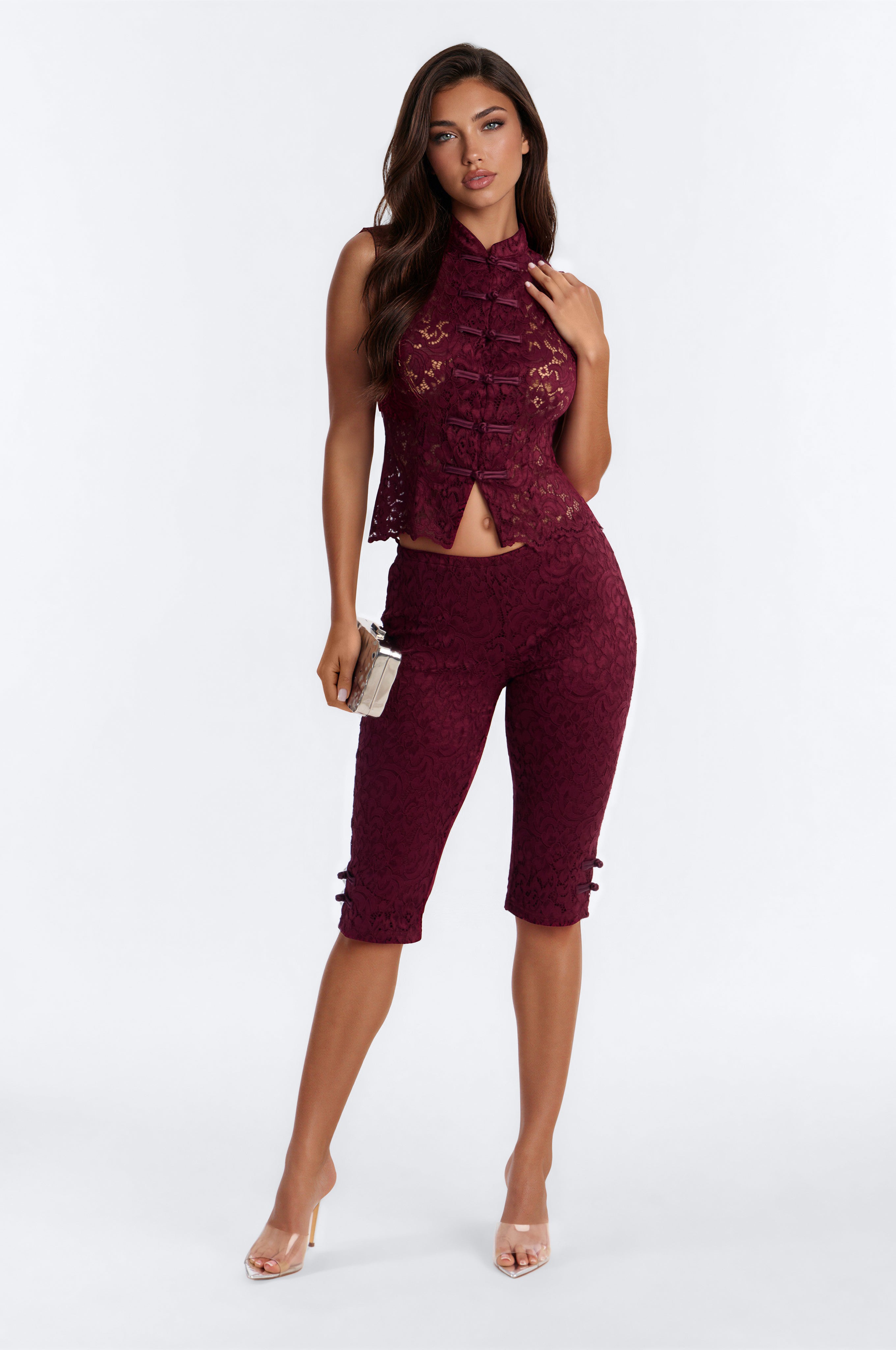 Le Fleur Lace Capri Set - Burgundy