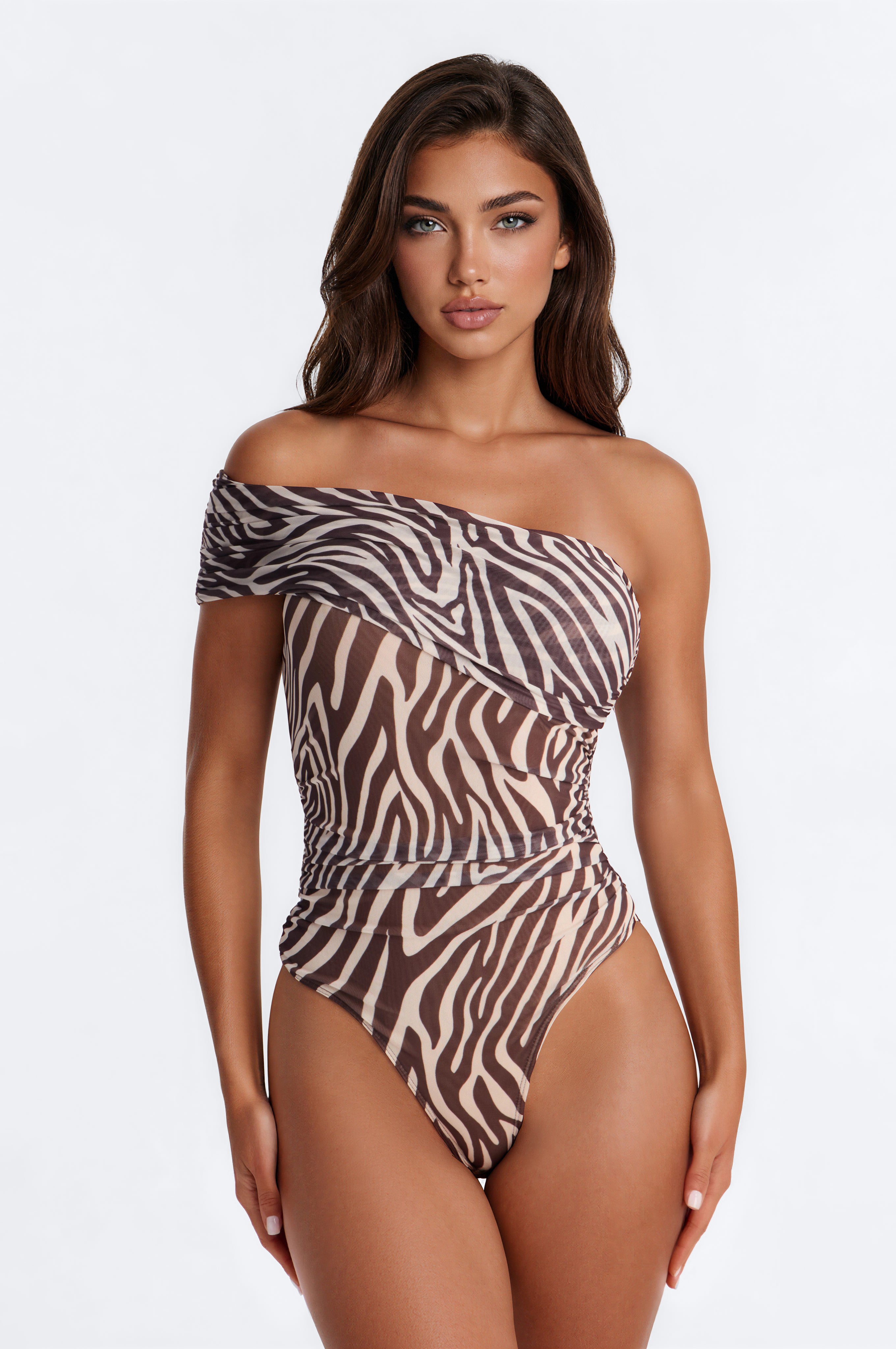 Pure Instinct One Shoulder Zebra Bodysuit - Brown/combo