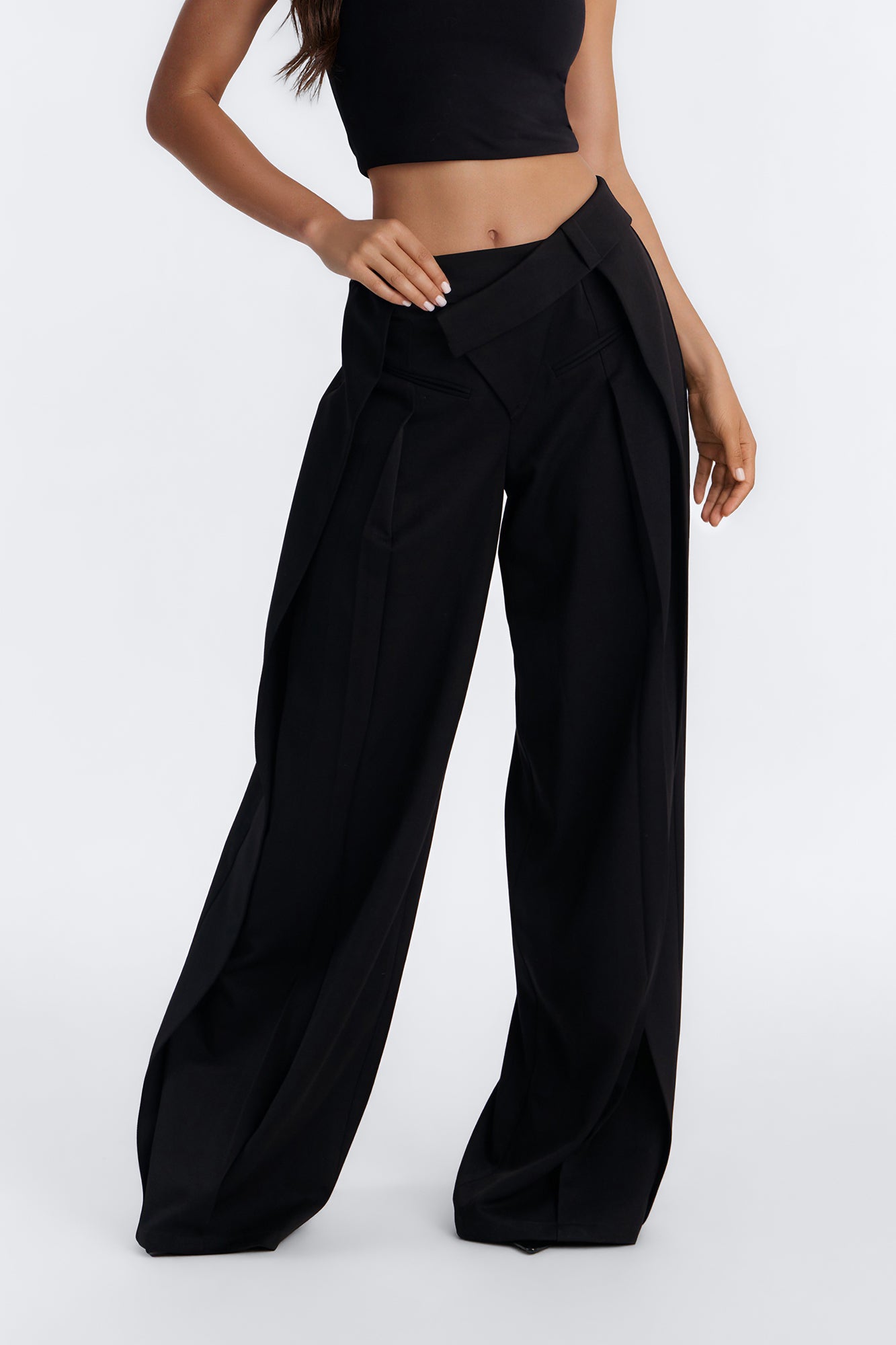 Tall Veda Asymmetrical Waistband Deep Pleated Trouser - Black