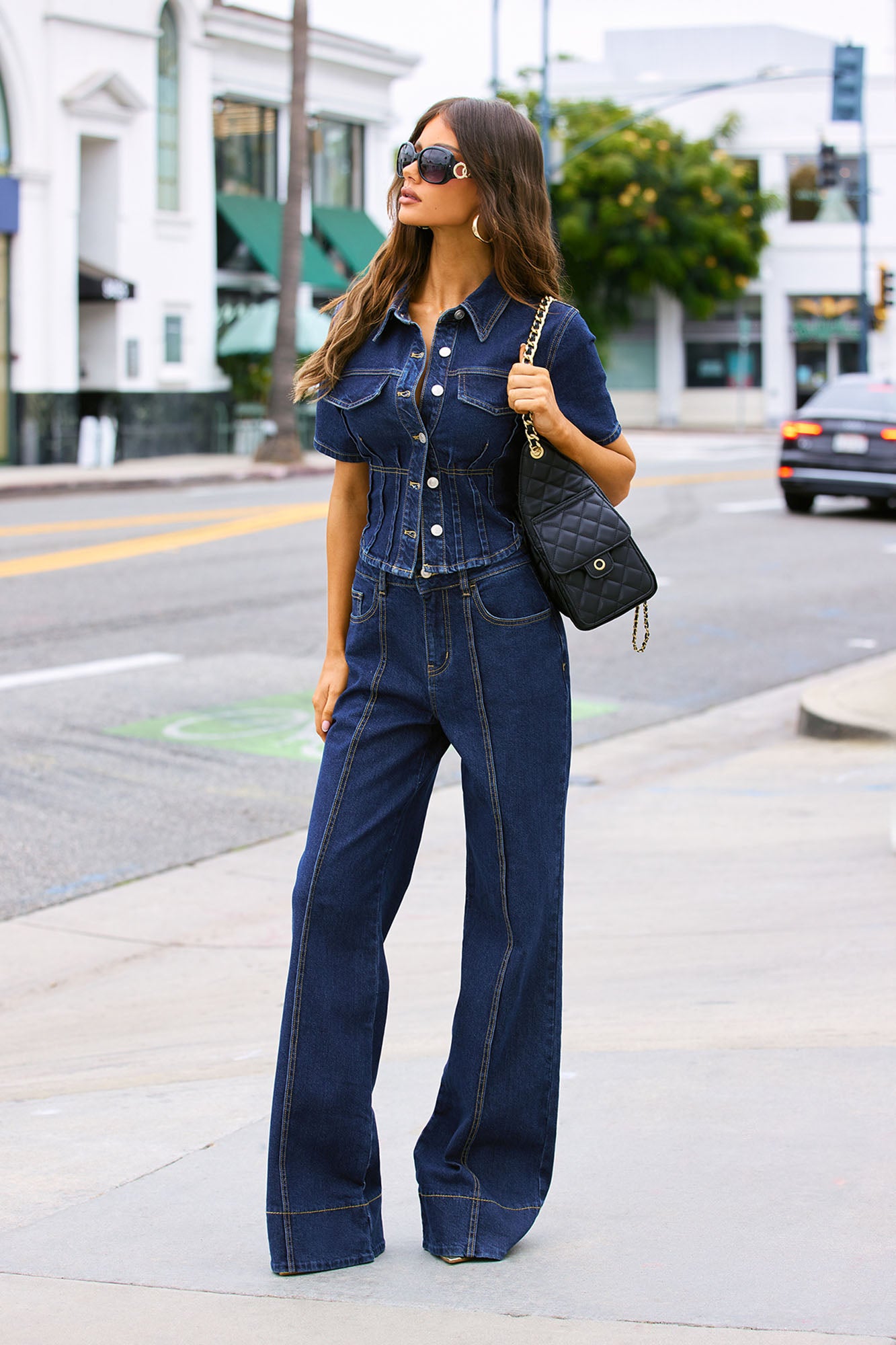 Lorie Denim Short Sleeve Flare Pant Set - DarkWash