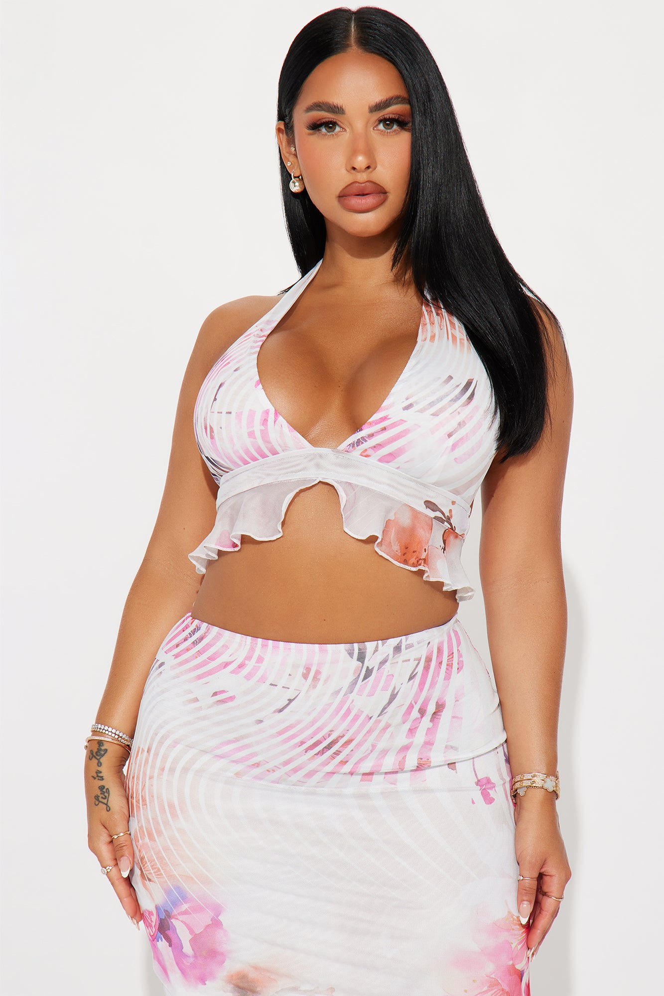 Kyoto Floral Mesh Maxi Skirt Set - White/Pink