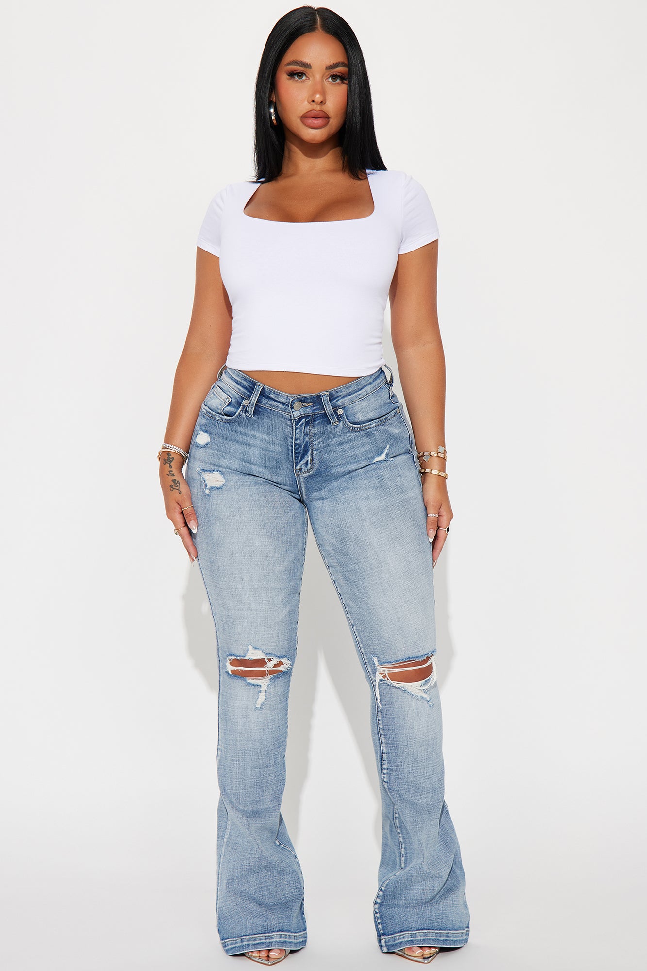 Key Figure Ripped Stretch Flare Jeans - Medium Wash