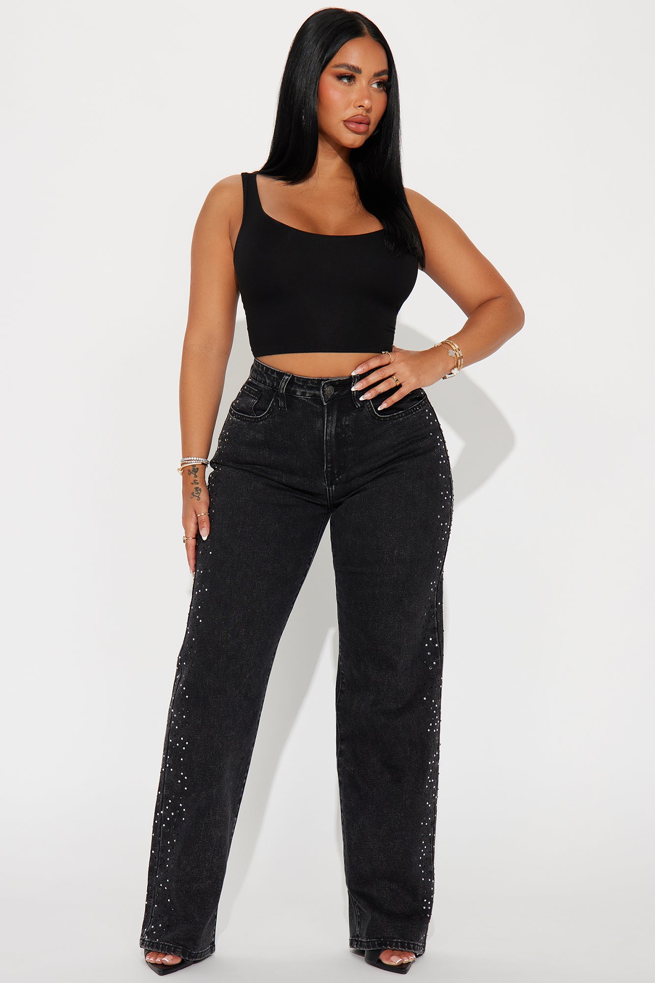 Always Shining Stretch Embellished Straight Leg Jeans - Black Wash