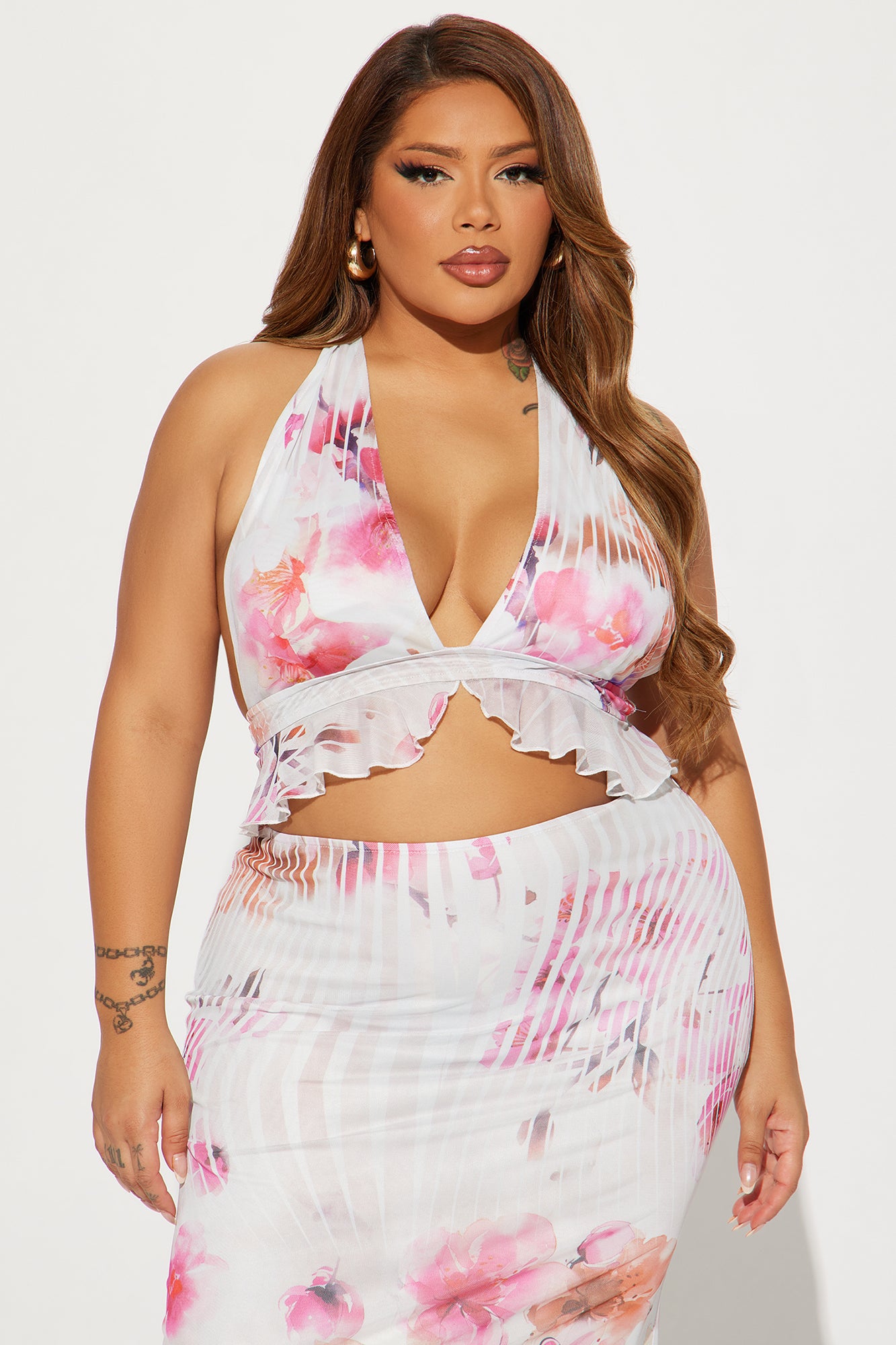 Kyoto Floral Mesh Maxi Skirt Set - White/Pink