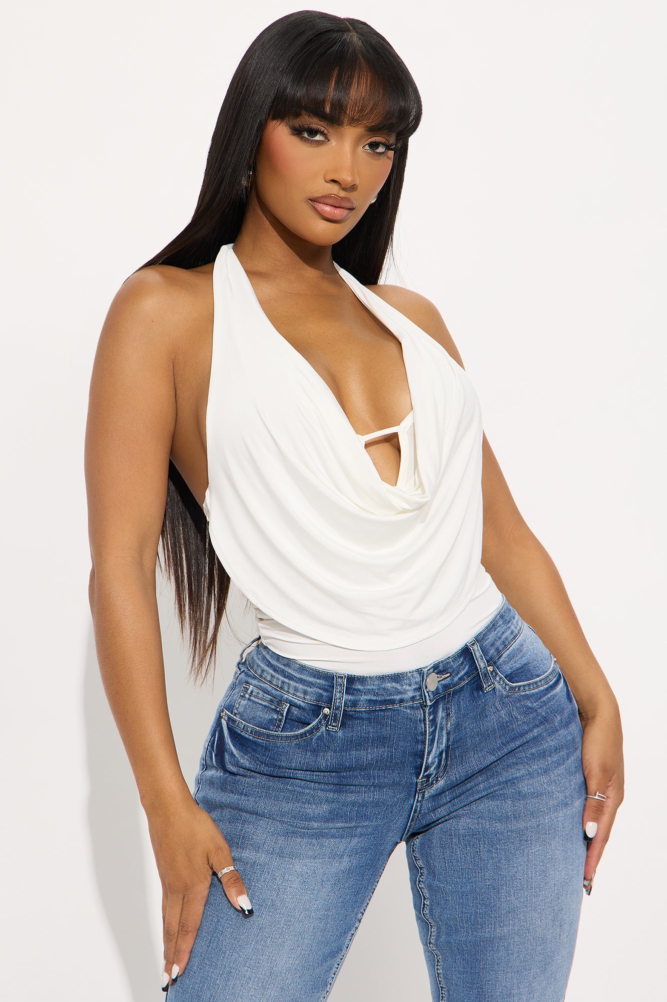 Moving On Cowl Neck Halter Bodysuit - White