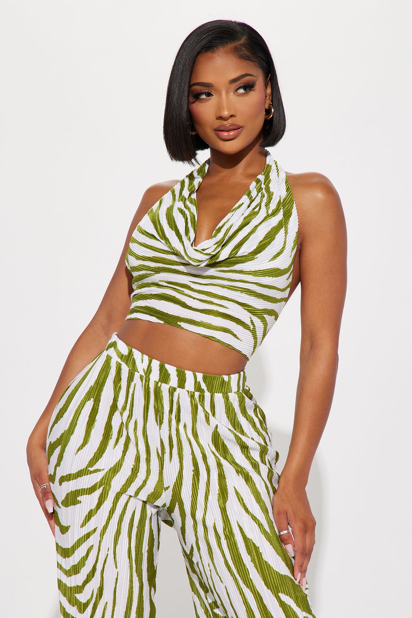 Always Around Plisse Pant Set - Olive