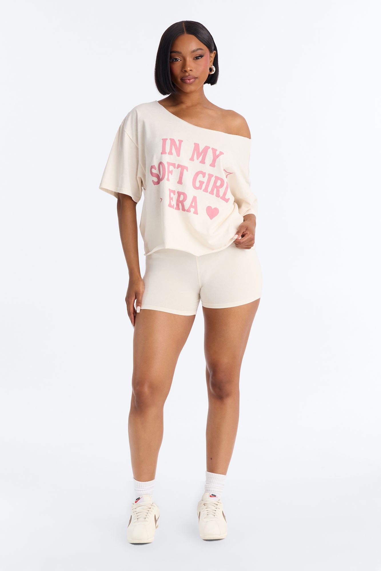 Soft Girl Era Off Shoulder Tee - Cream