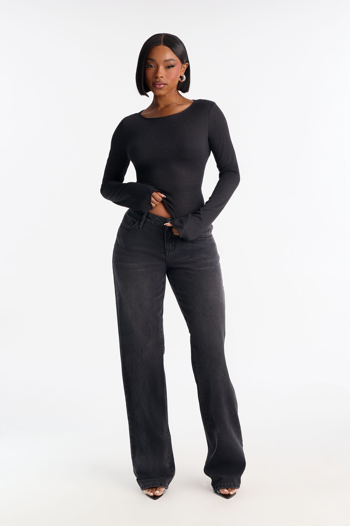 Radiant Ribbed Boat Neck Top - Black