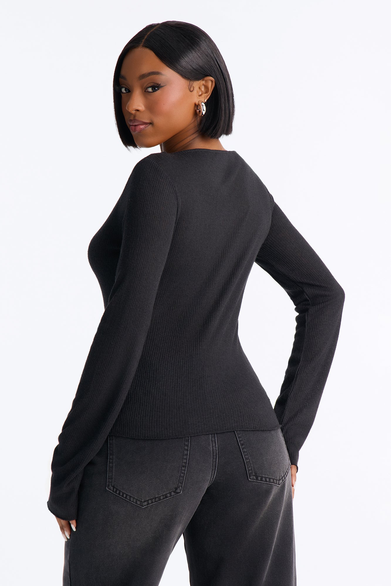 Radiant Ribbed Boat Neck Top - Black