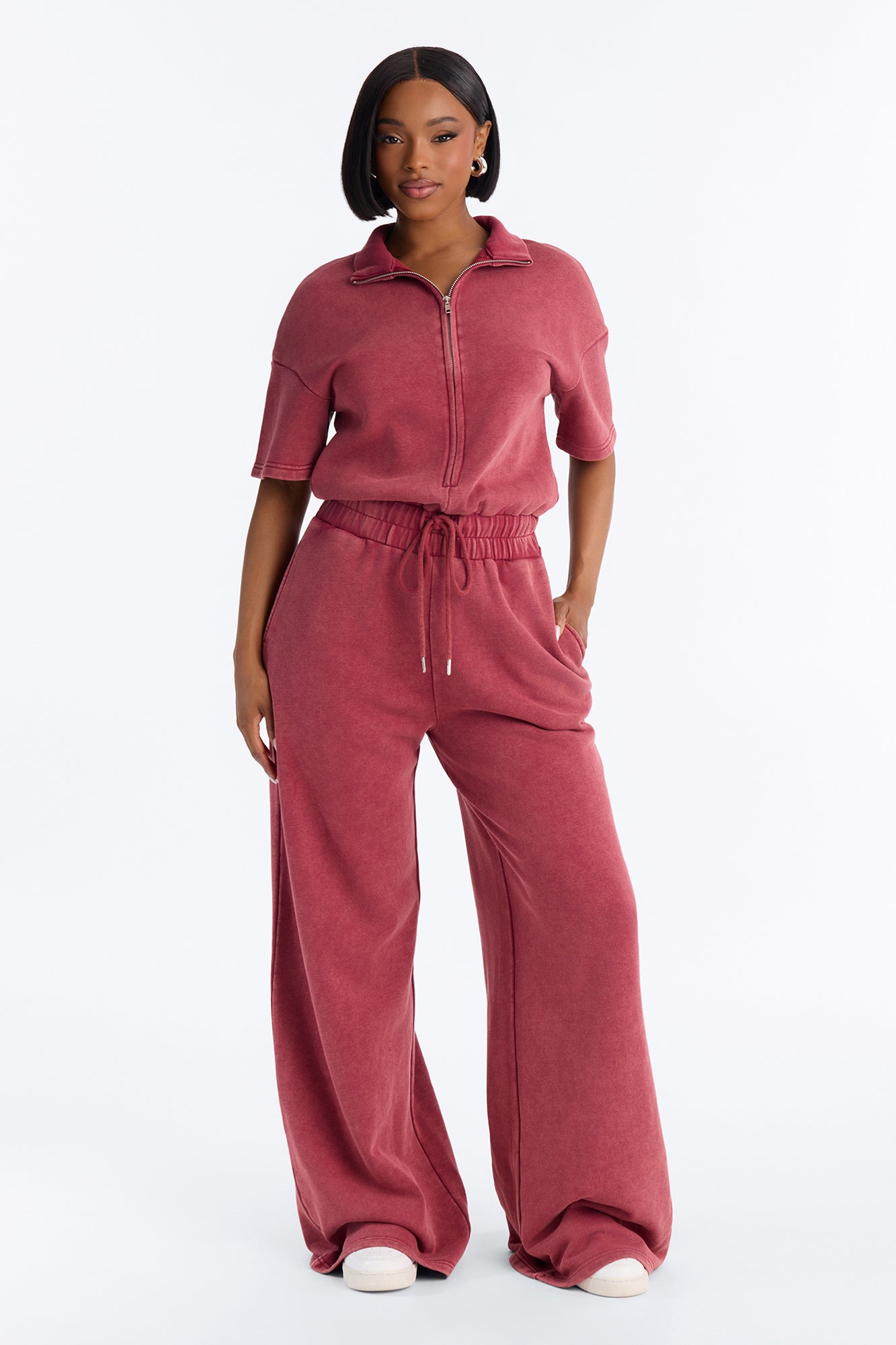 Busy Schedule Washed French Terry Short Sleeve Jumpsuit - Burgundy