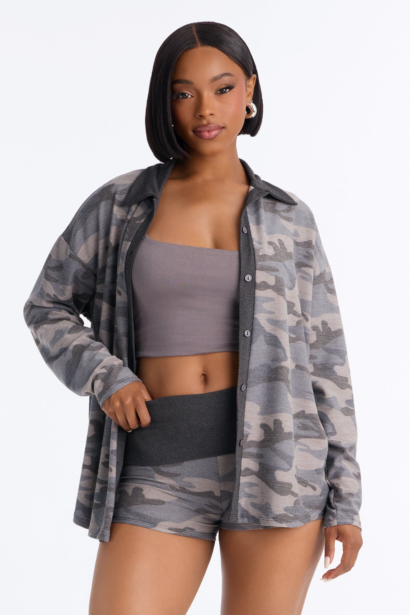 In Plain Sight French Terry Camo Short Set - Grey/combo