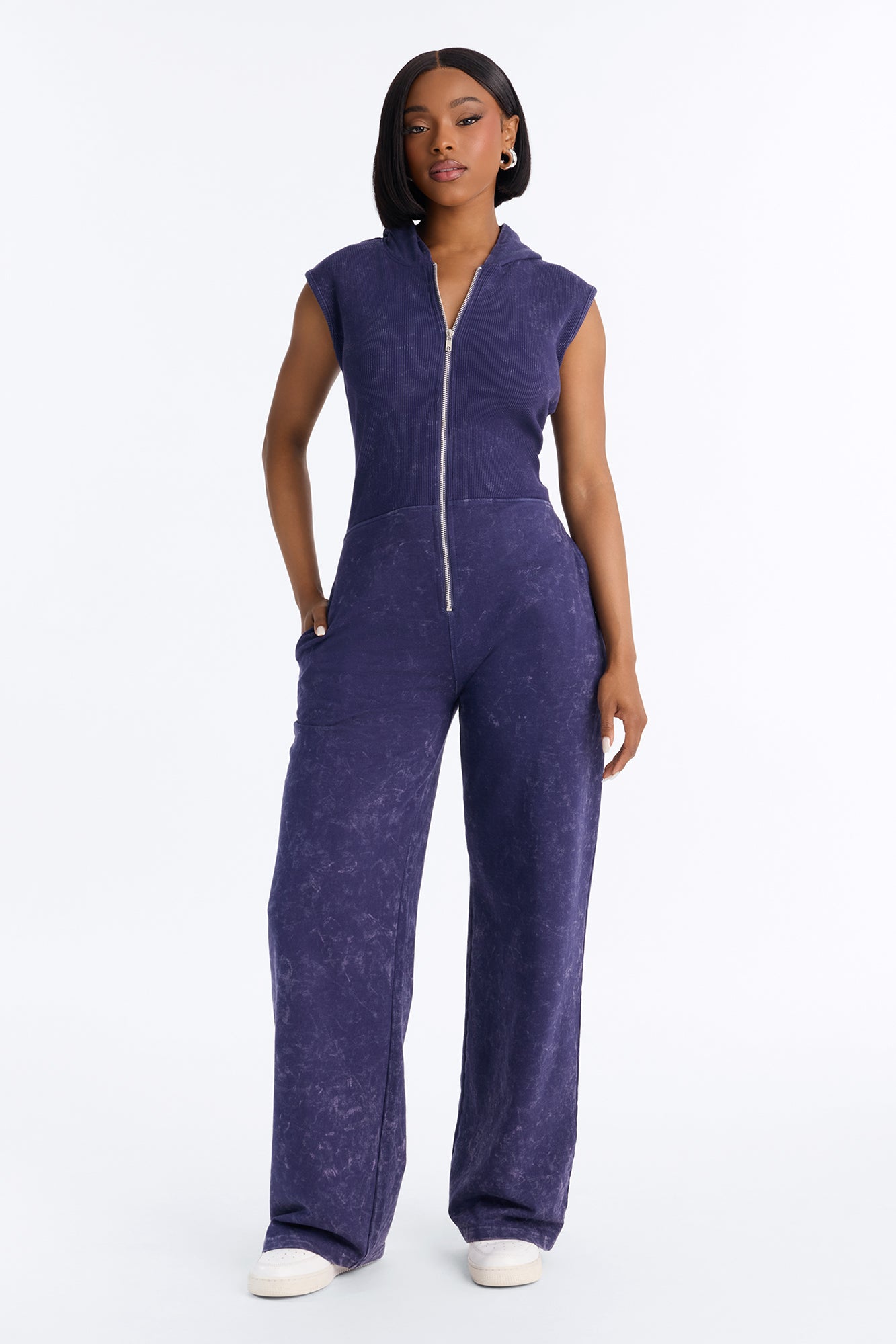 Melanie Sleeveless Hooded Terry Jumpsuit - Navy