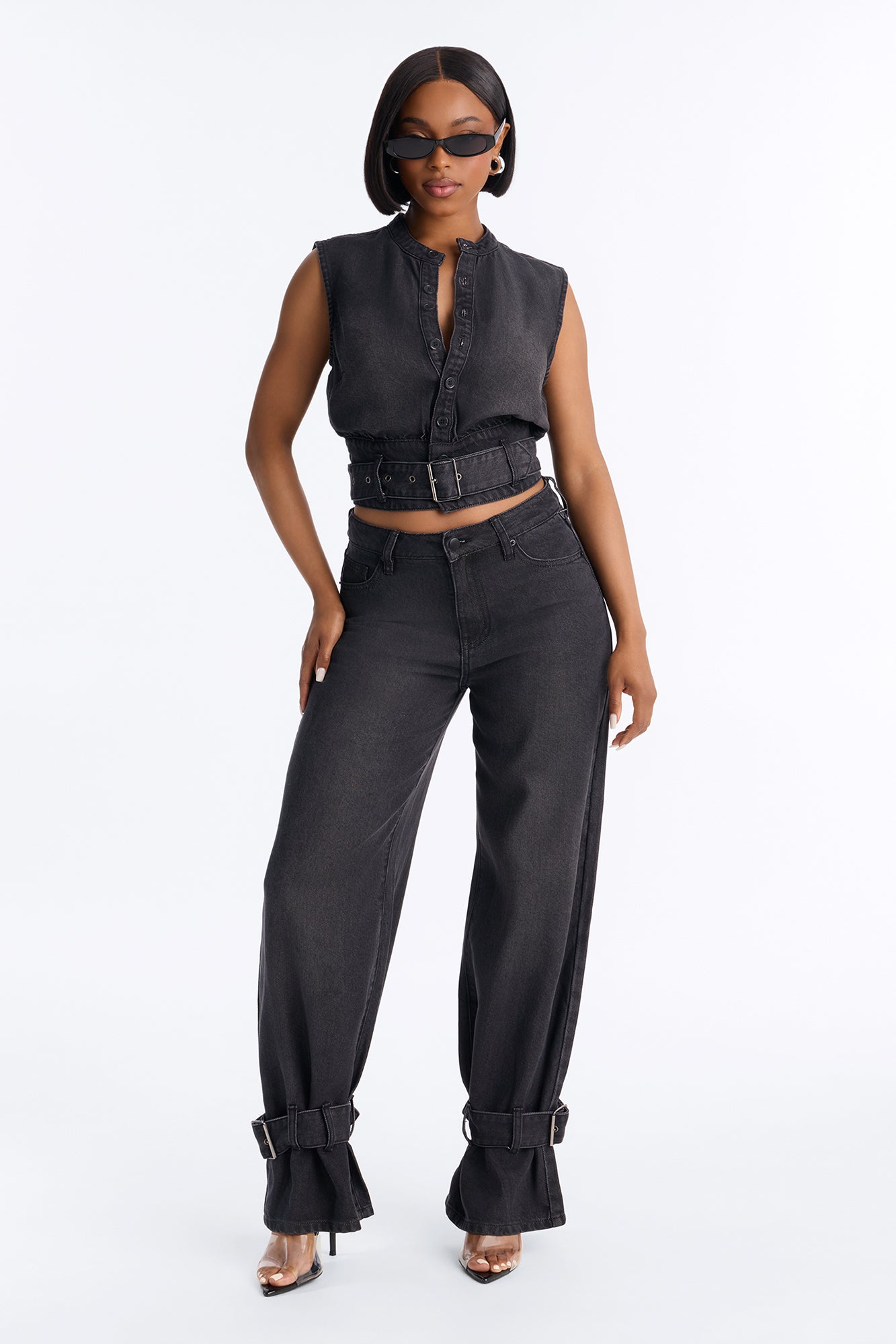Stella Ankle Tie Denim Pant Set - Black Wash