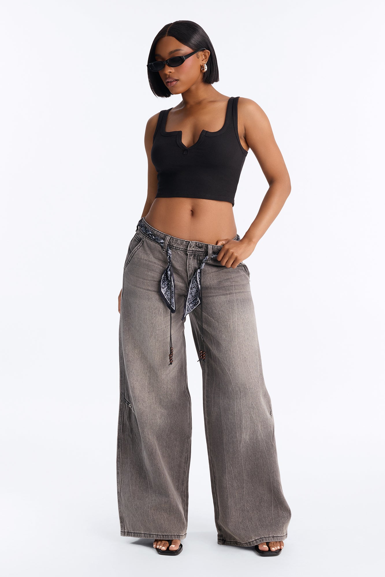 Skyfall Scarf Belted Low Rise Jeans - Grey