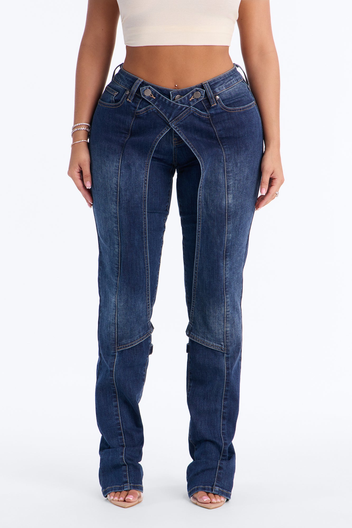 Cross My Mind Stacked Low Rise Slim Straight Leg Jeans - Dark Wash