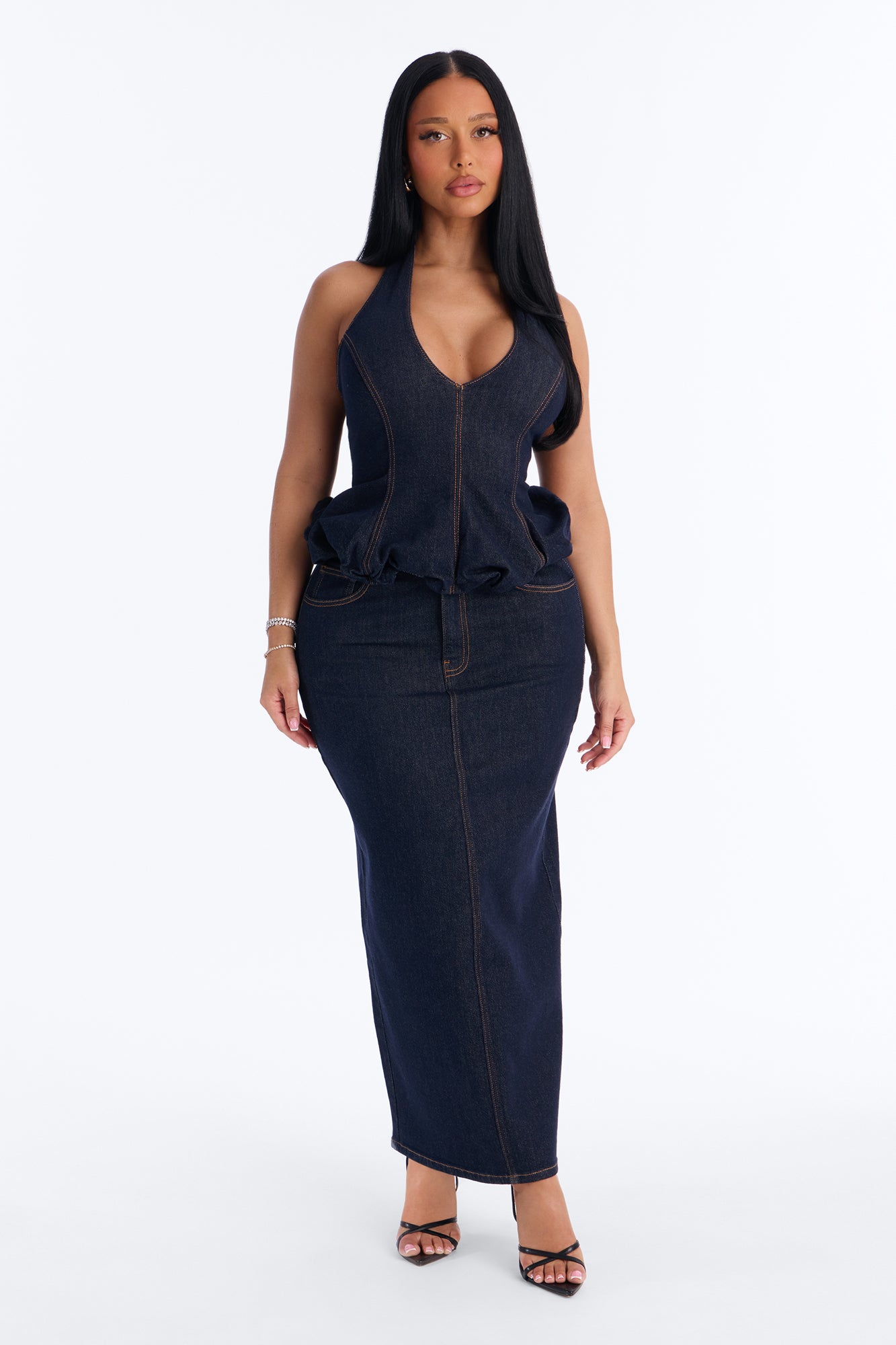 Annika Peplum Maxi Skirt Set - Dark Wash