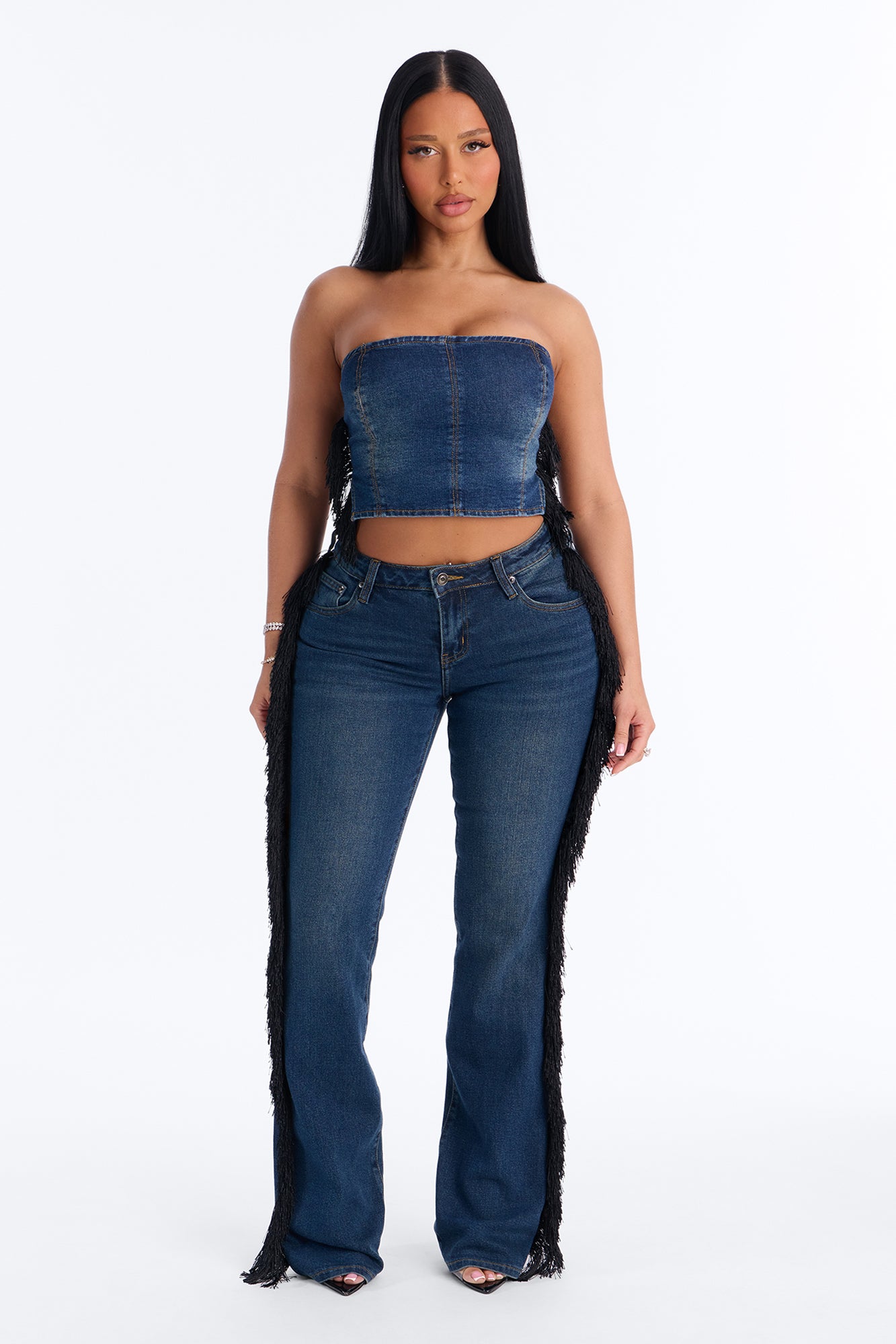Denim Drama Fringe Pant Set - Dark Wash