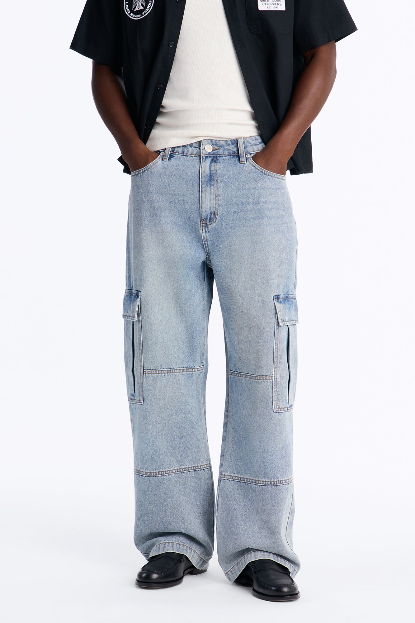 Baggy Minor Panel Cargo Jeans - Medium Blue Wash