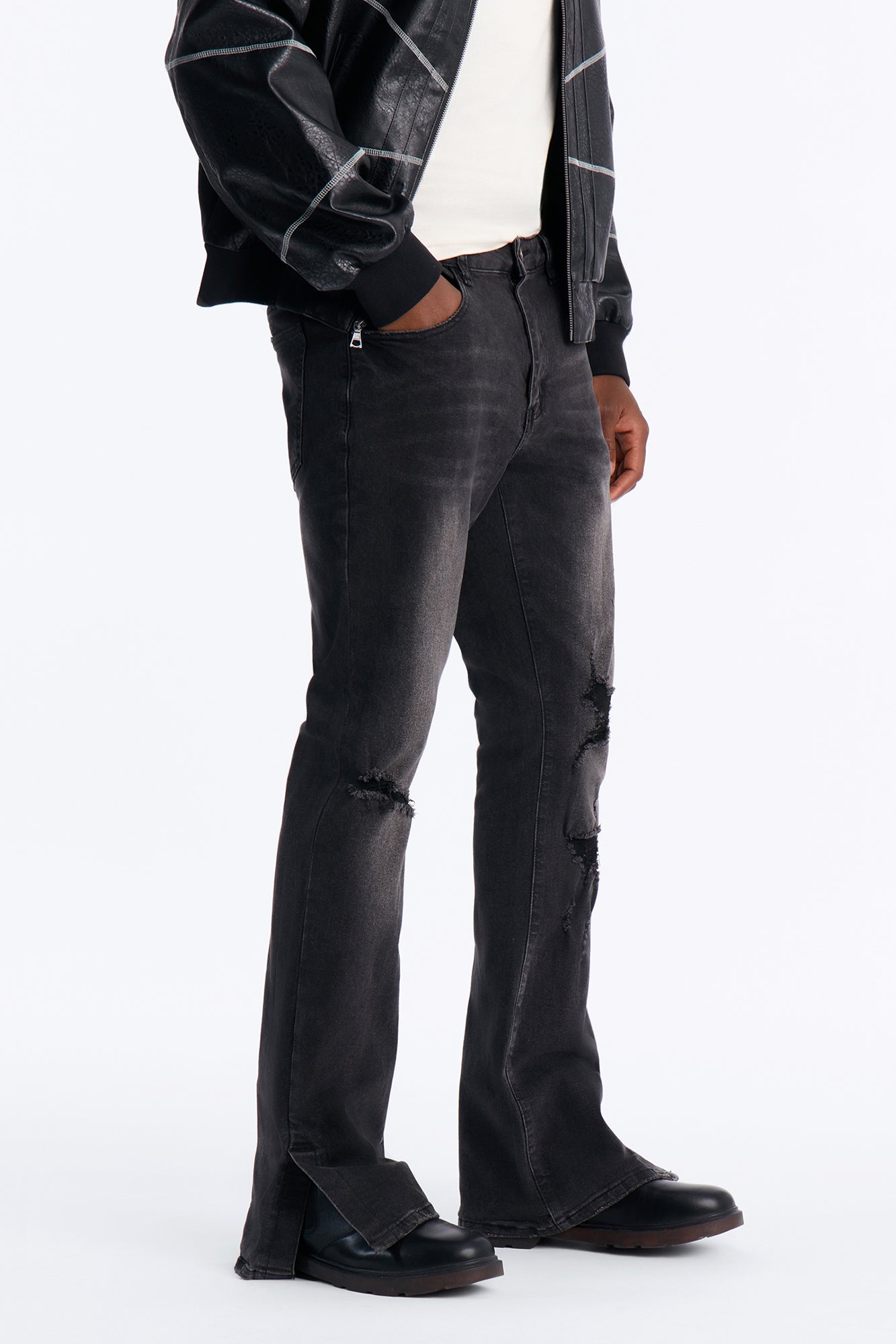 Stacked Skinny Flare Slit Dare Me Distressed Jean - Black Wash