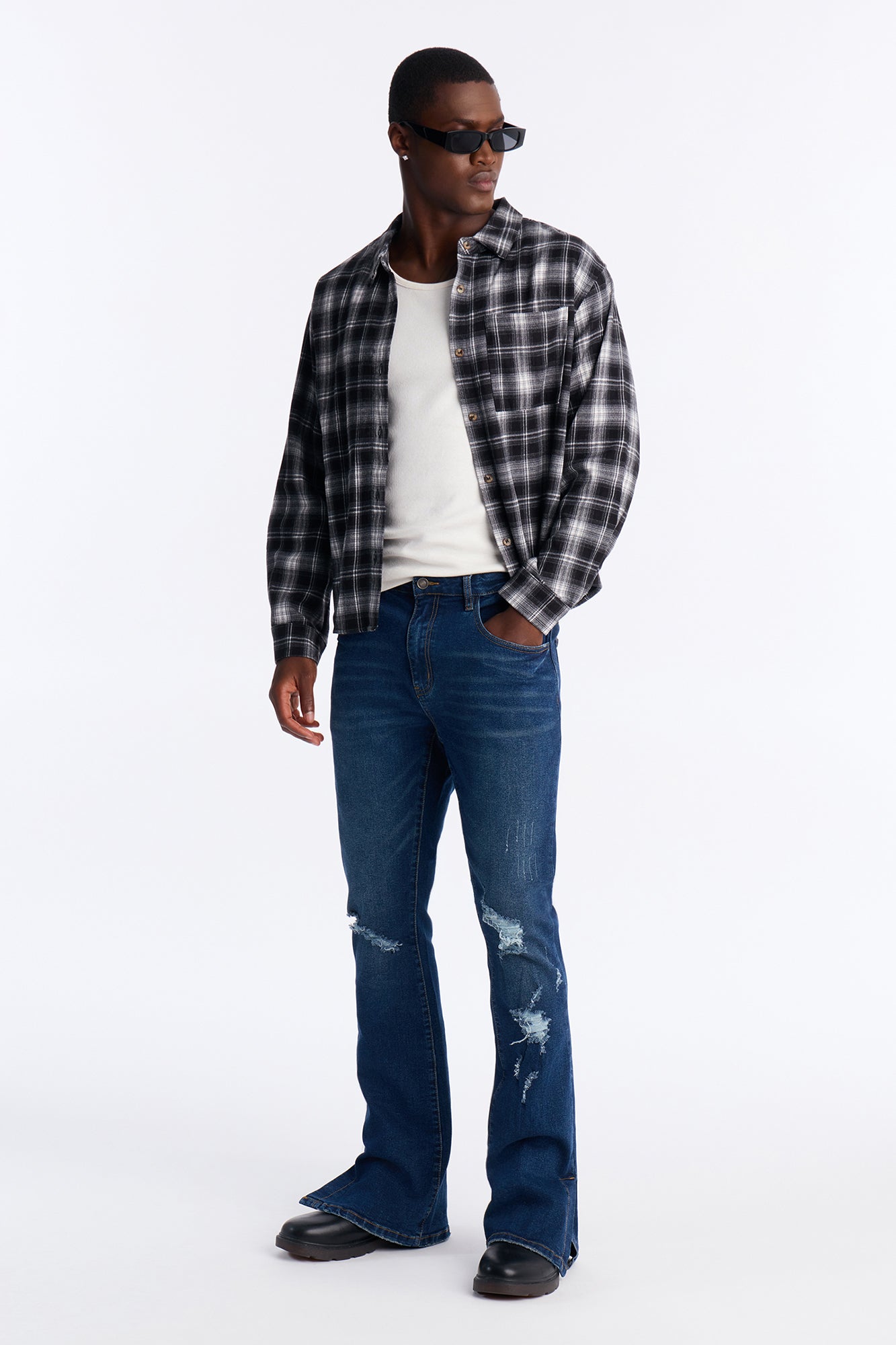 Stacked Skinny Flare Slit Dare Me Distressed Jean - Dark Wash