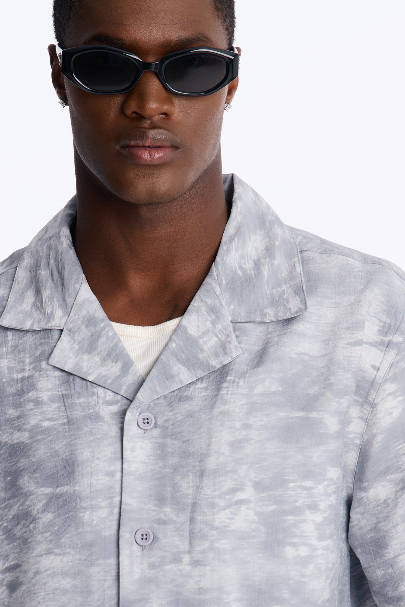 Marble Wash Cuban Collar Button Up Shirt - Grey/combo