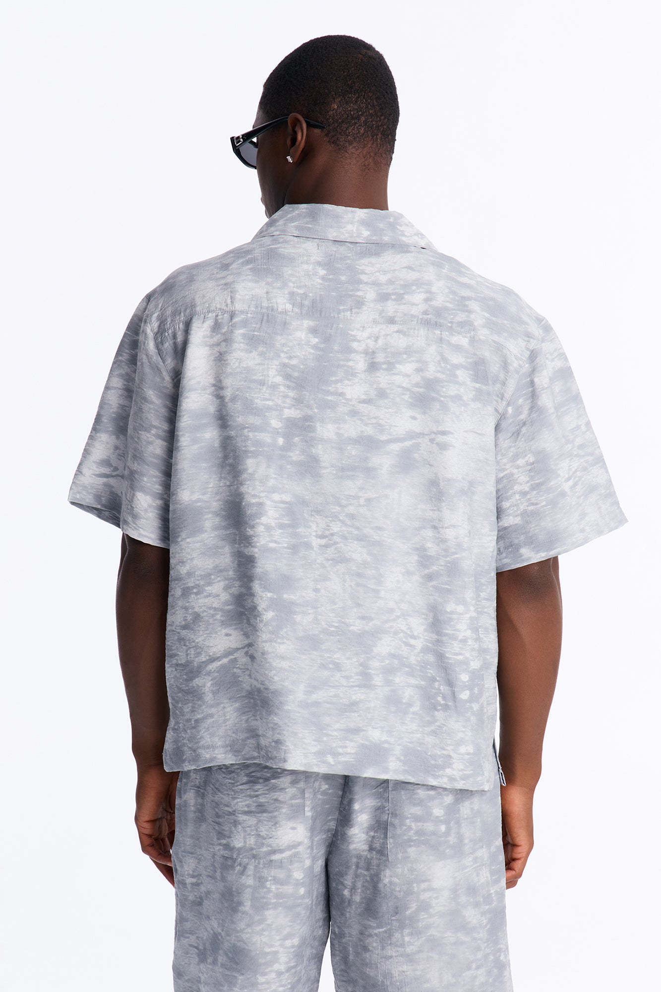 Marble Wash Cuban Collar Button Up Shirt - Grey/combo