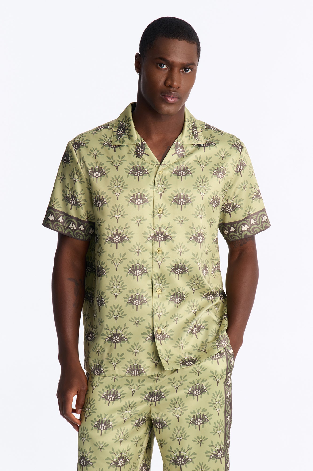 Drakos Cuban Collar Button Up Shirt - Green/combo