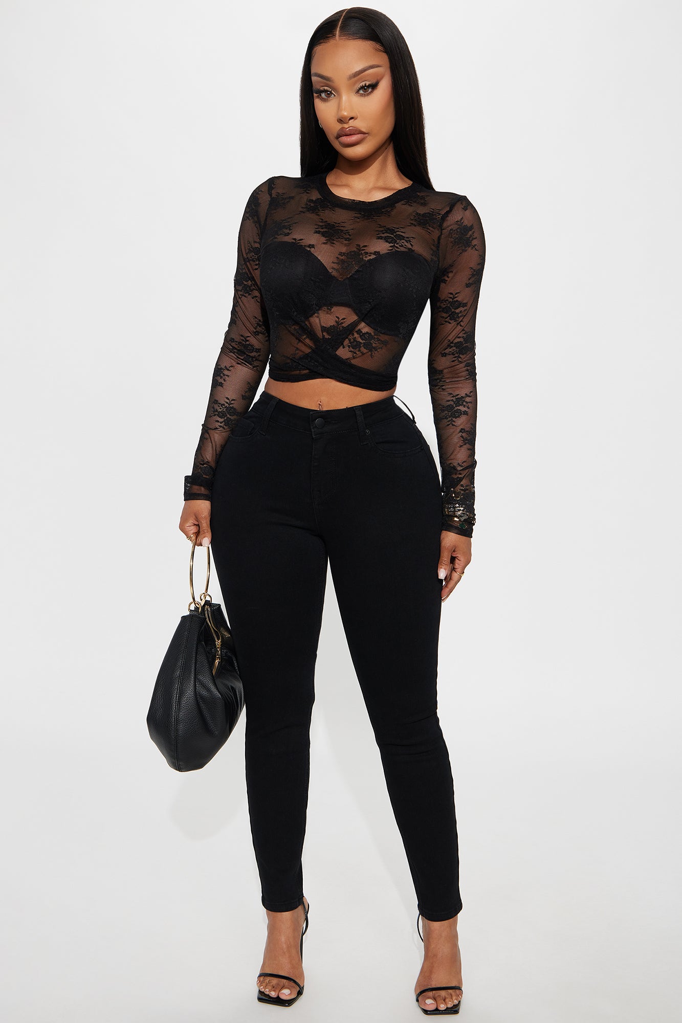 Alice Long Sleeve Sheer Lace Top - Black