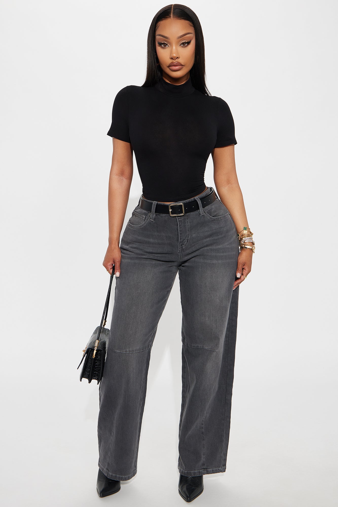 Jade Mock Neck Baby Tee - Black