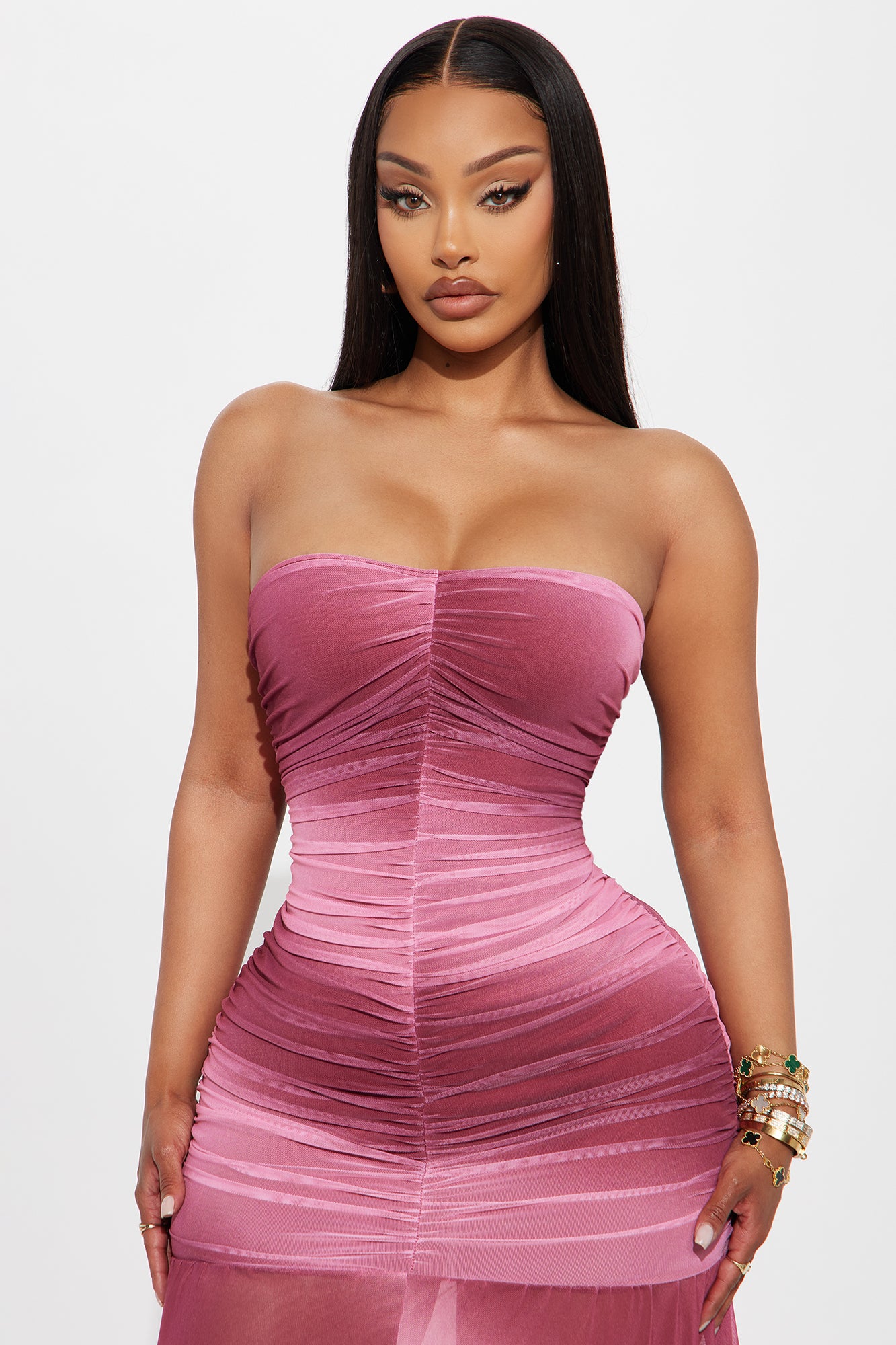 Mabel Strapless Ruched Maxi Dress - Pink/combo