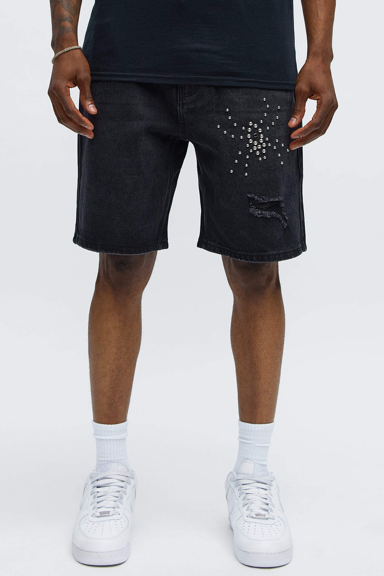 Relaxed Studded Spider Denim Shorts - Black Wash