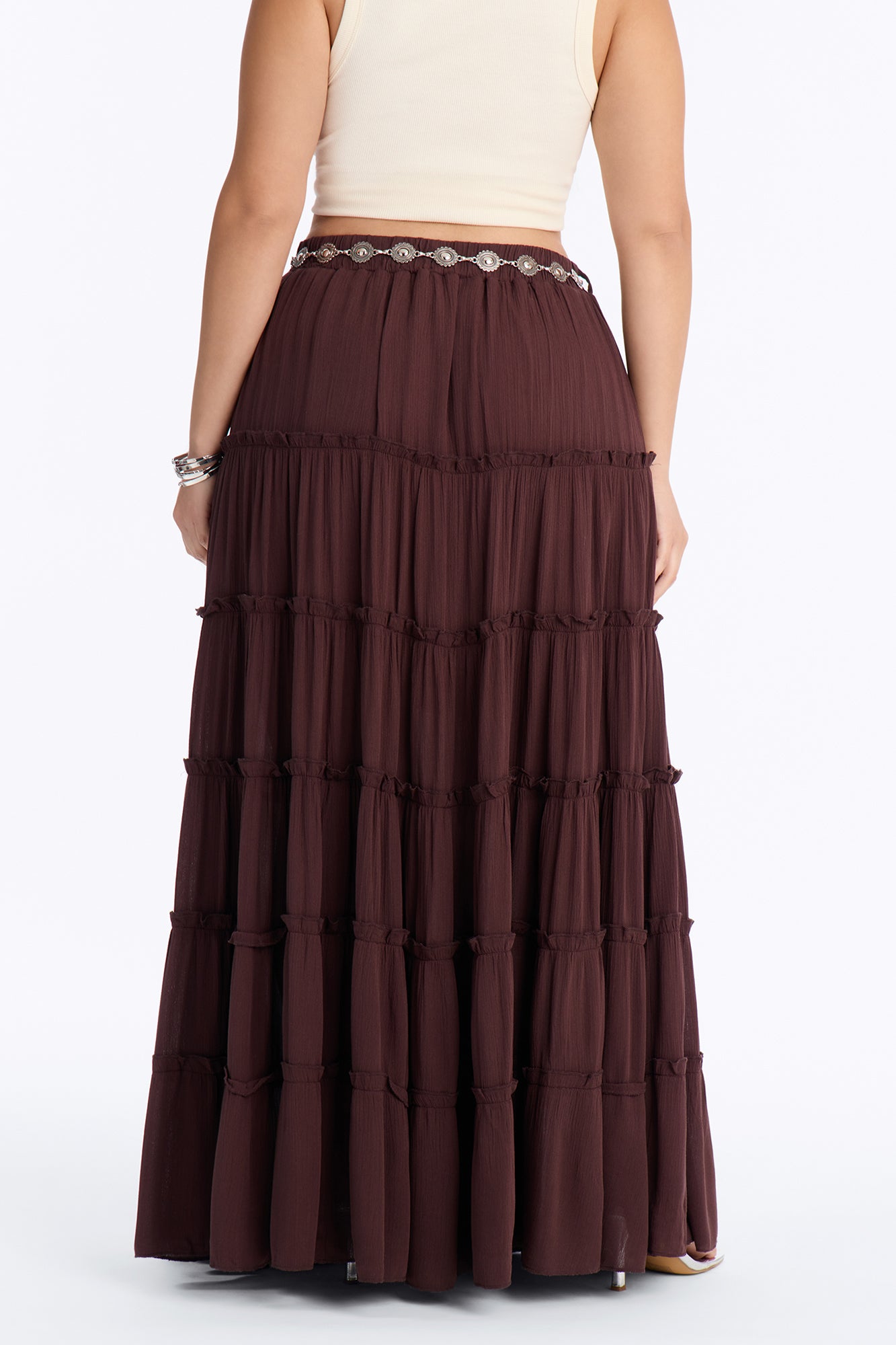 Free Spirit Low Rise Belted Tiered Maxi Skirt - Brown
