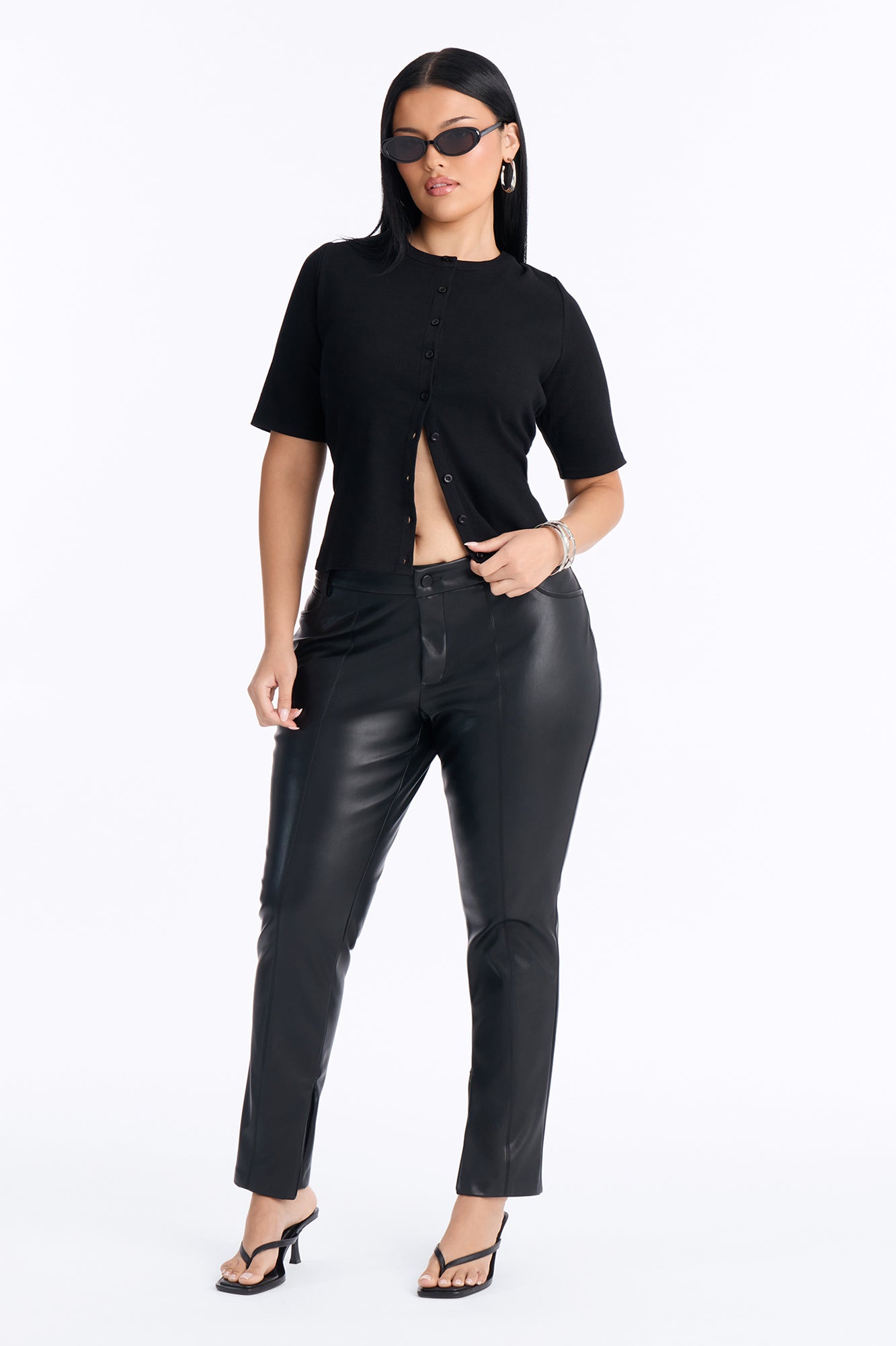 It Girl Elbow Sleeve Ribbed Button Up Top - Black