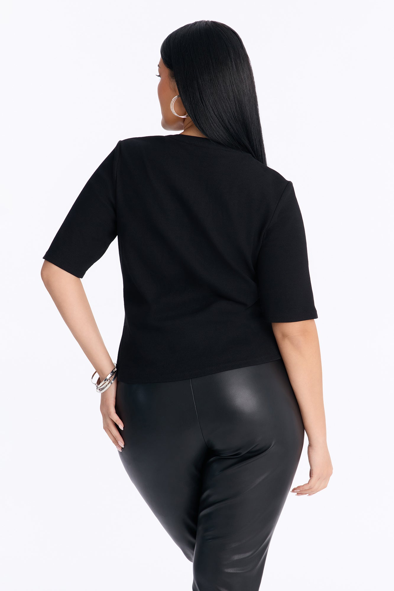 It Girl Elbow Sleeve Ribbed Button Up Top - Black