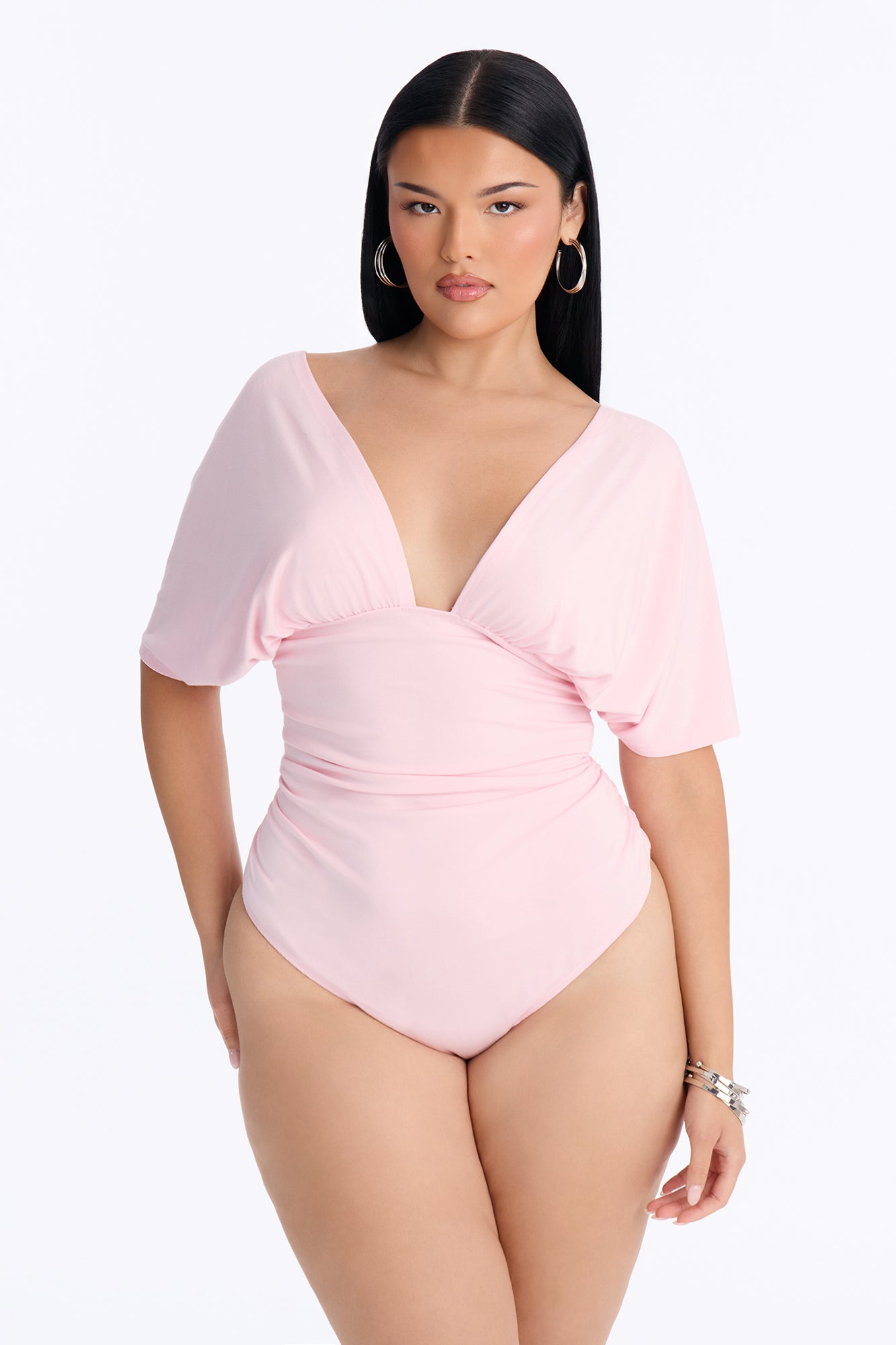Sophie Ruched Short Sleeve V-Neck Bodysuit - Pink