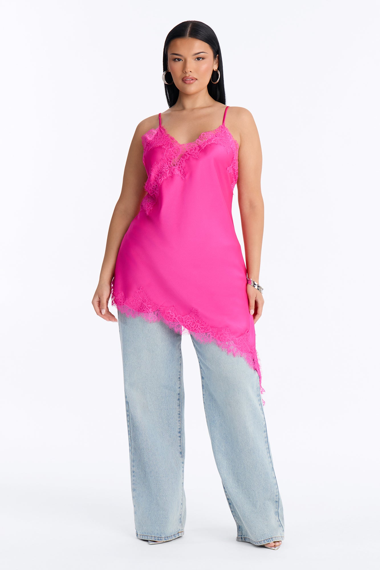 Taste Of Trouble Lace Trim Satin Top - Fuchsia